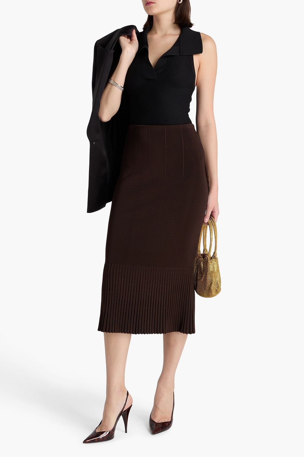 GALVAN  LONDON Pleated stretch-knit midi skirt