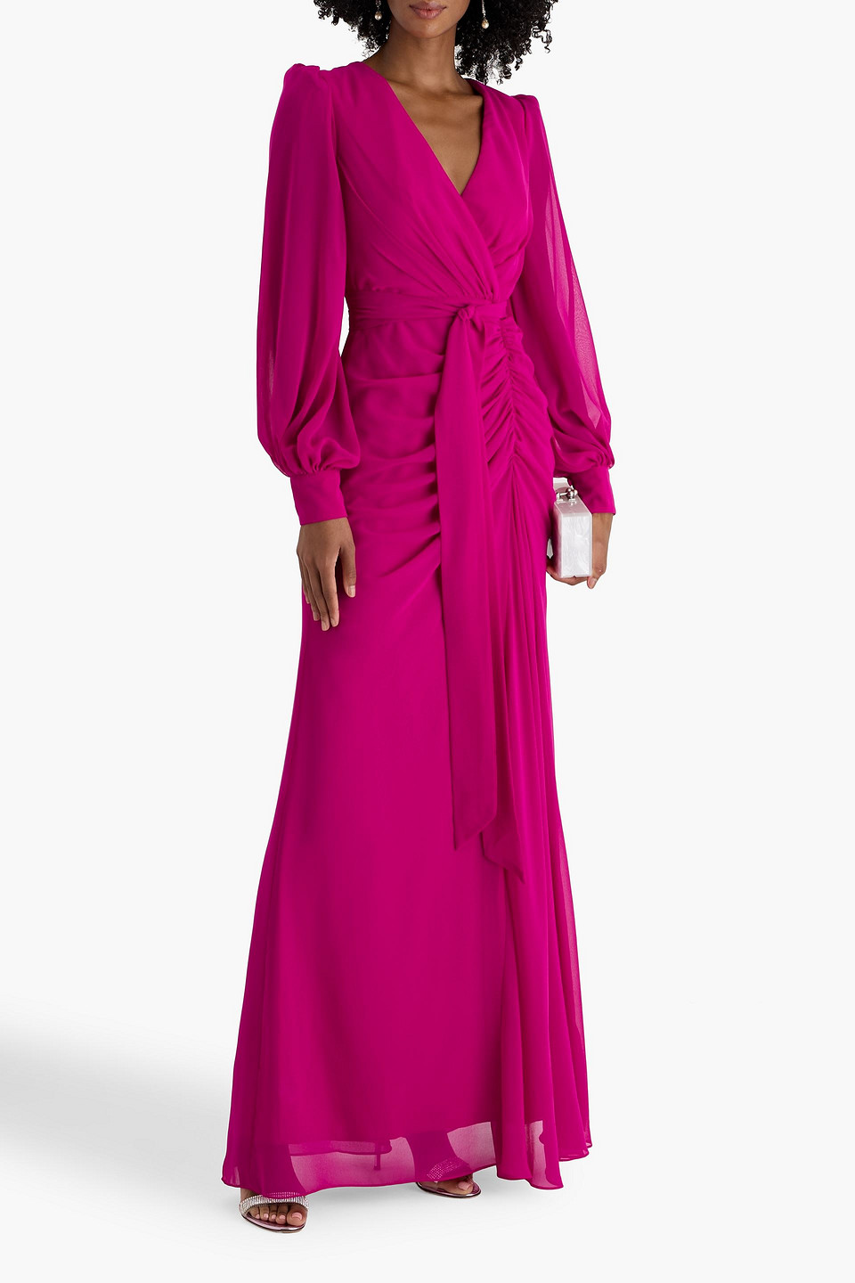 Badgley Mischka Wrap-effect Draped Chiffon Gown In Pink