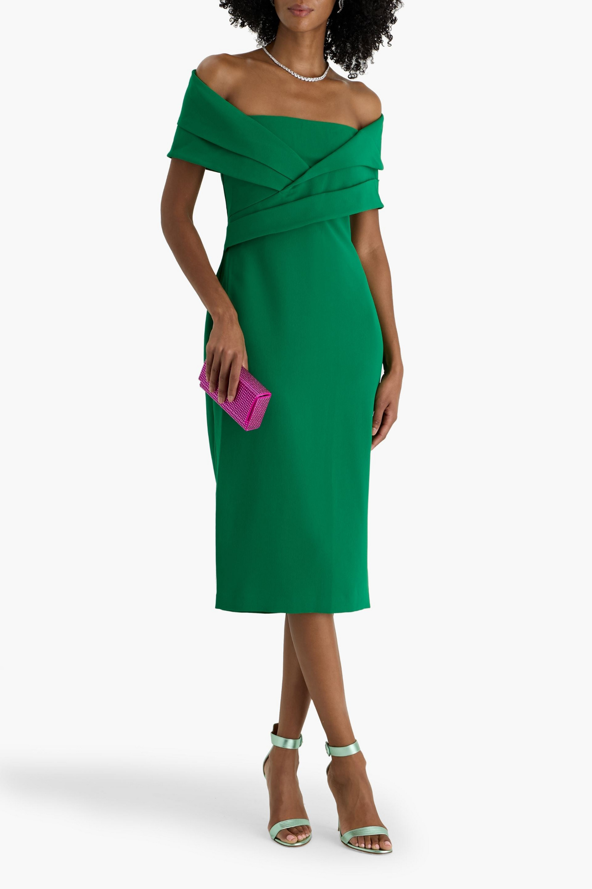 Badgley Mischka Off-the-shoulder draped crepe midi dress