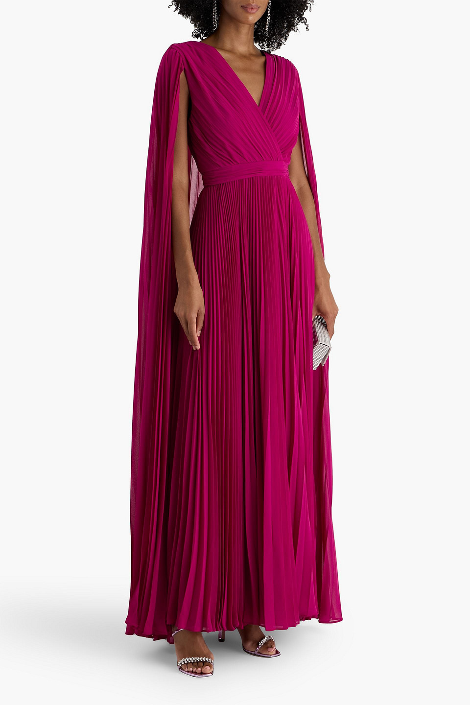 Badgley Mischka Cape-effect Pleated Chiffon Gown In Pink