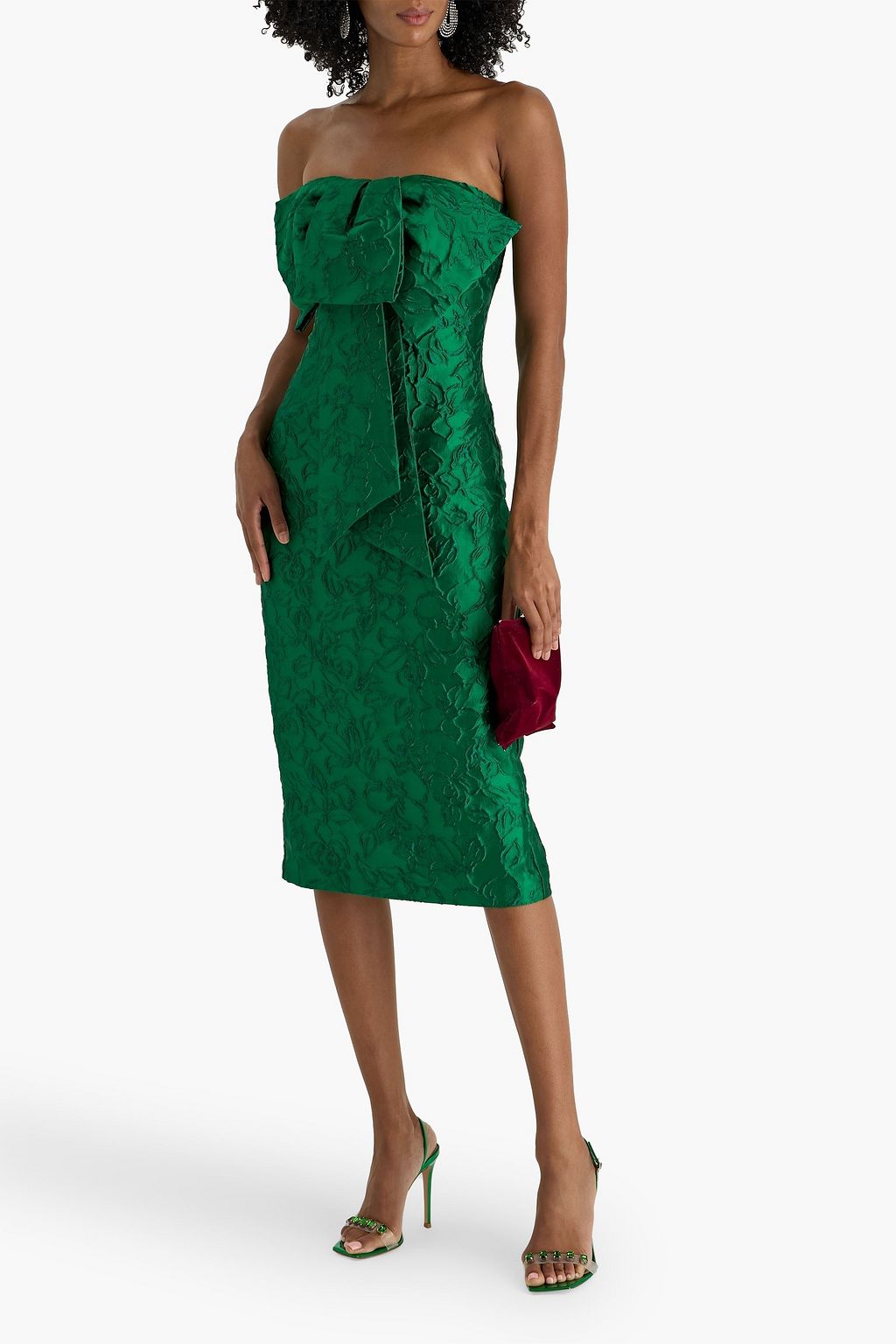 BADGLEY MISCHKA Strapless bow-detailed cloqué midi dress