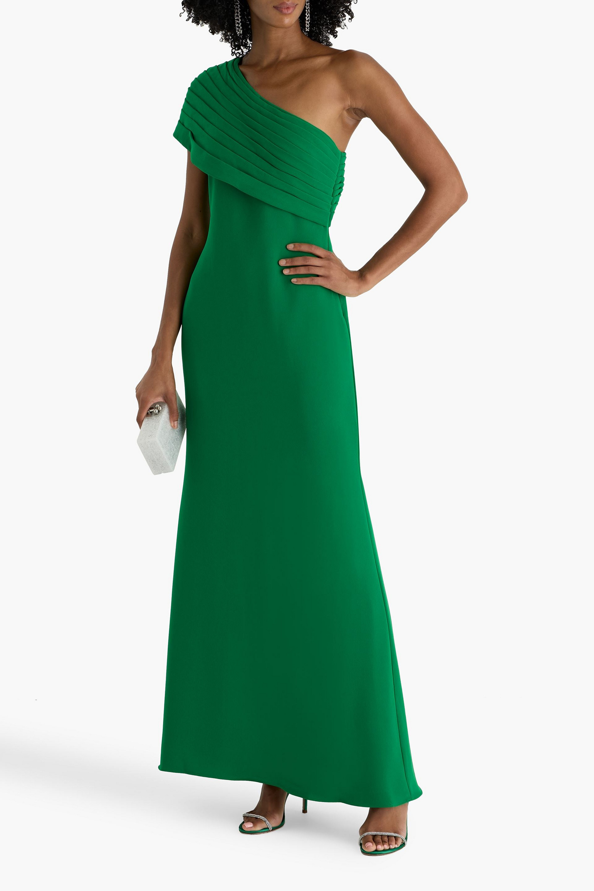 Badgley Mischka One-shoulder draped crepe gown