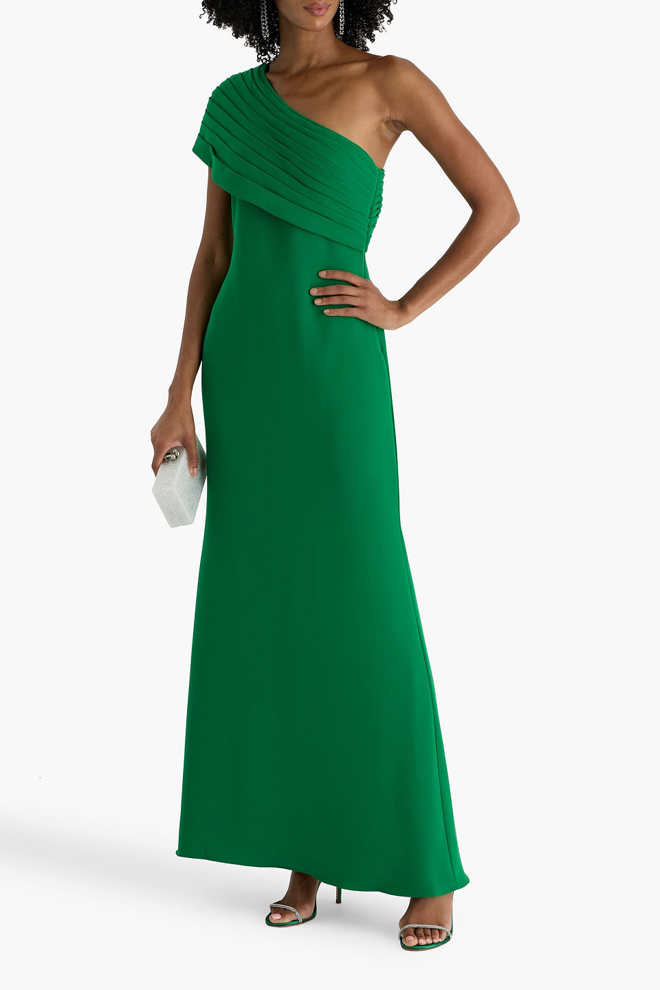 Badgley Mischka One-shoulder Draped Crepe Gown In Green