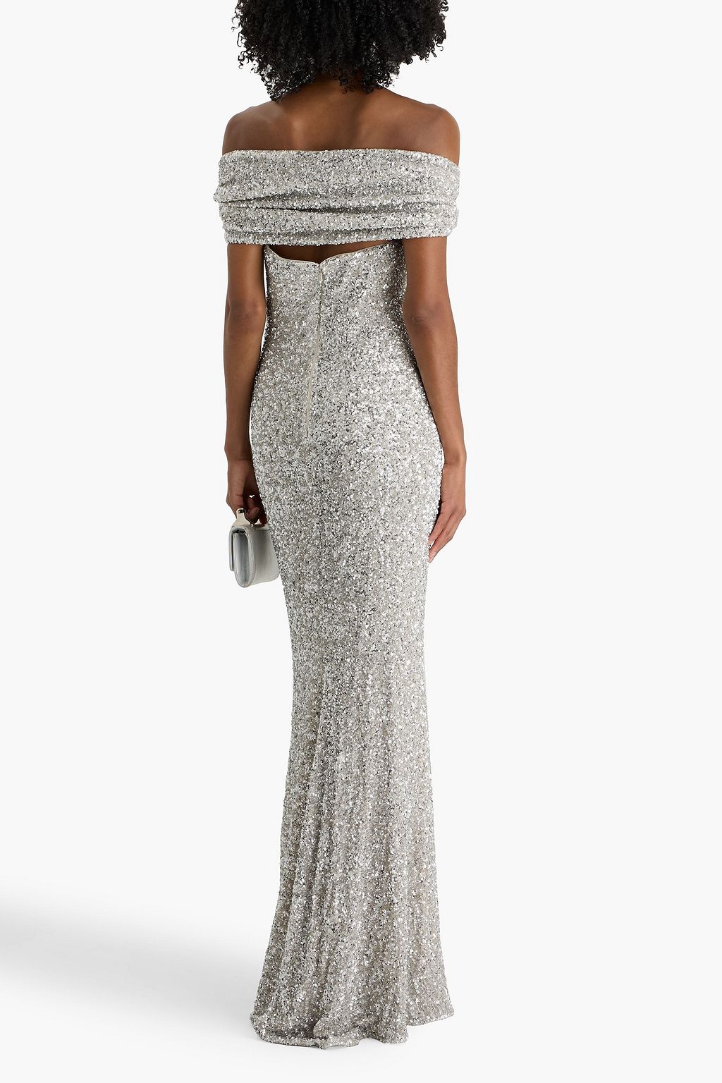 BADGLEY MISCHKA Off-the-shoulder draped sequined mesh gown