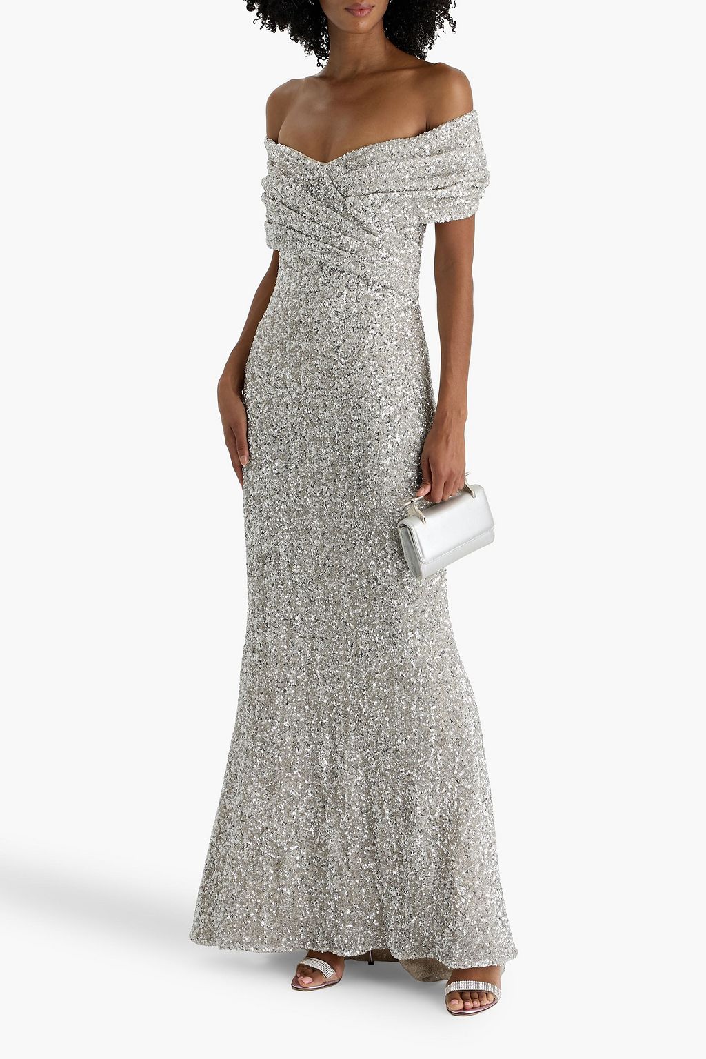 BADGLEY MISCHKA Off-the-shoulder draped sequined mesh gown