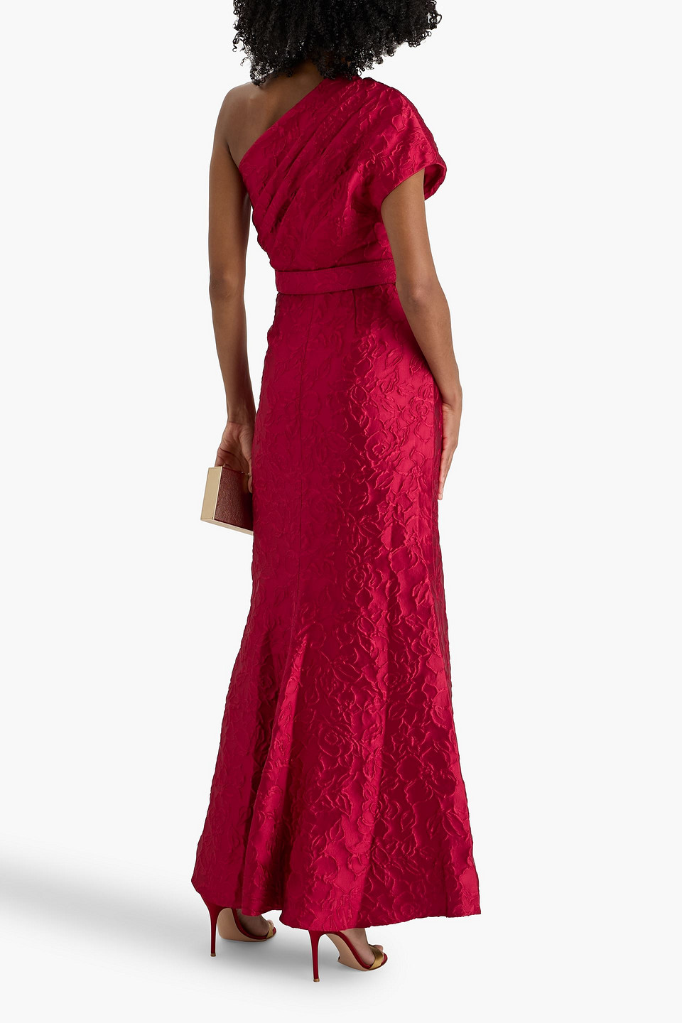 Badgley Mischka One-shoulder Draped Cloqué Gown In Red