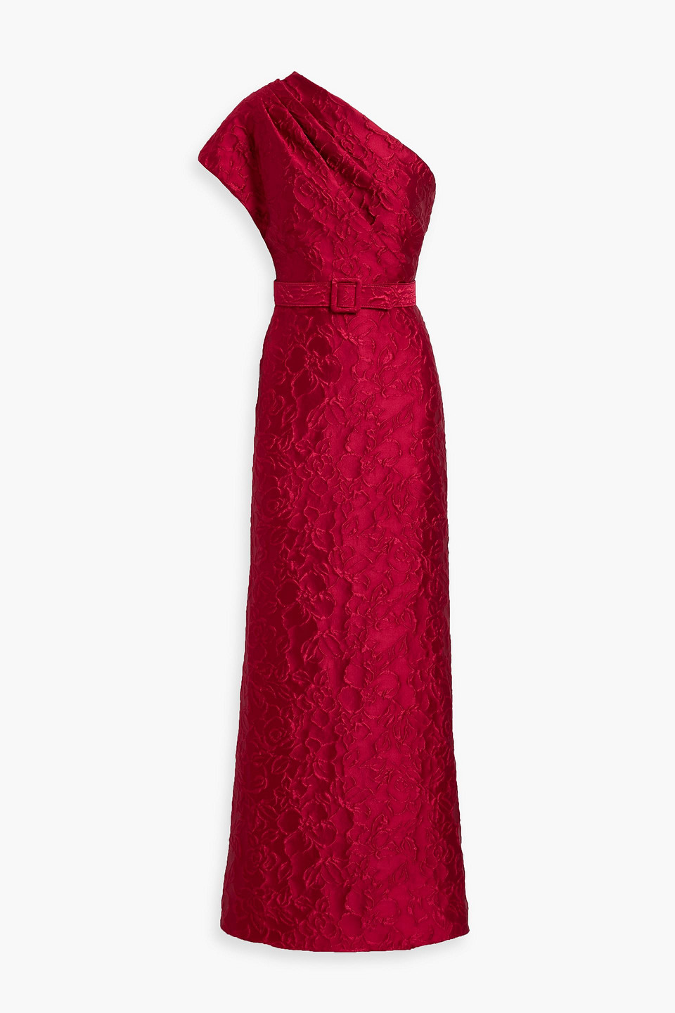 Badgley Mischka One-shoulder Draped Cloqué Gown In Red
