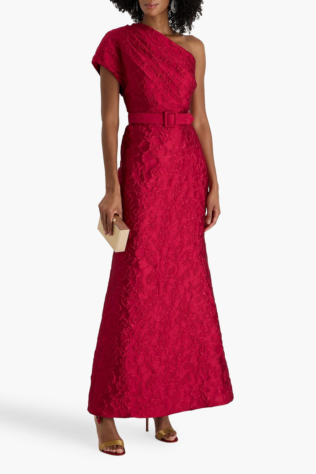 BADGLEY MISCHKA One-shoulder draped cloqué gown