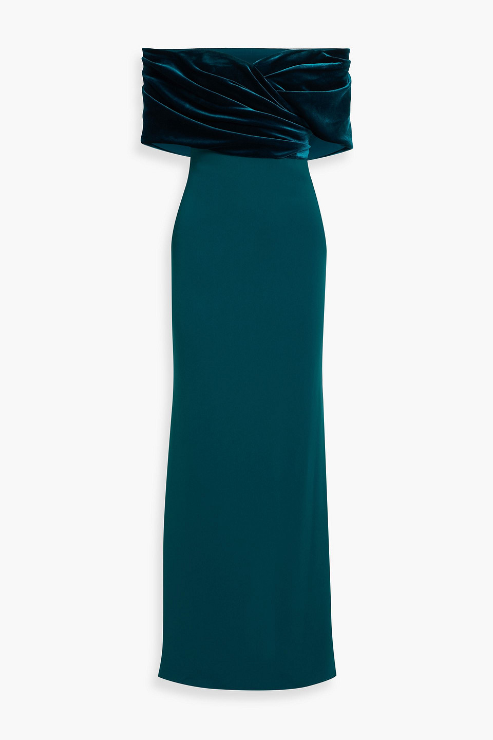 Badgley Mischka Draped Velvet And Crepe Gown In Blue