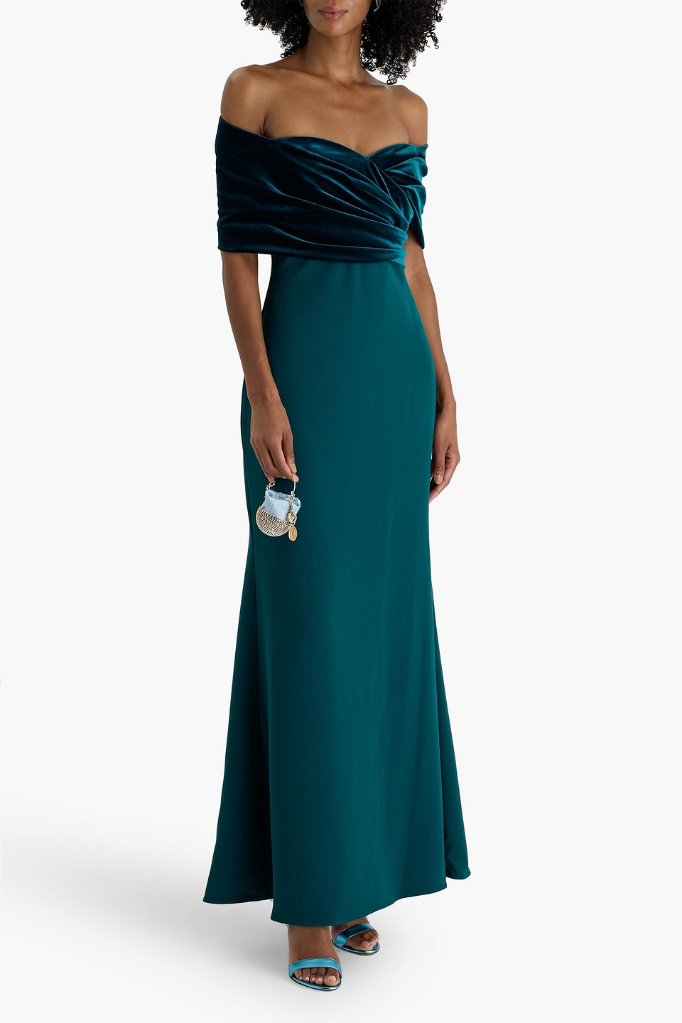 Badgley Mischka Draped Velvet And Crepe Gown In Blue