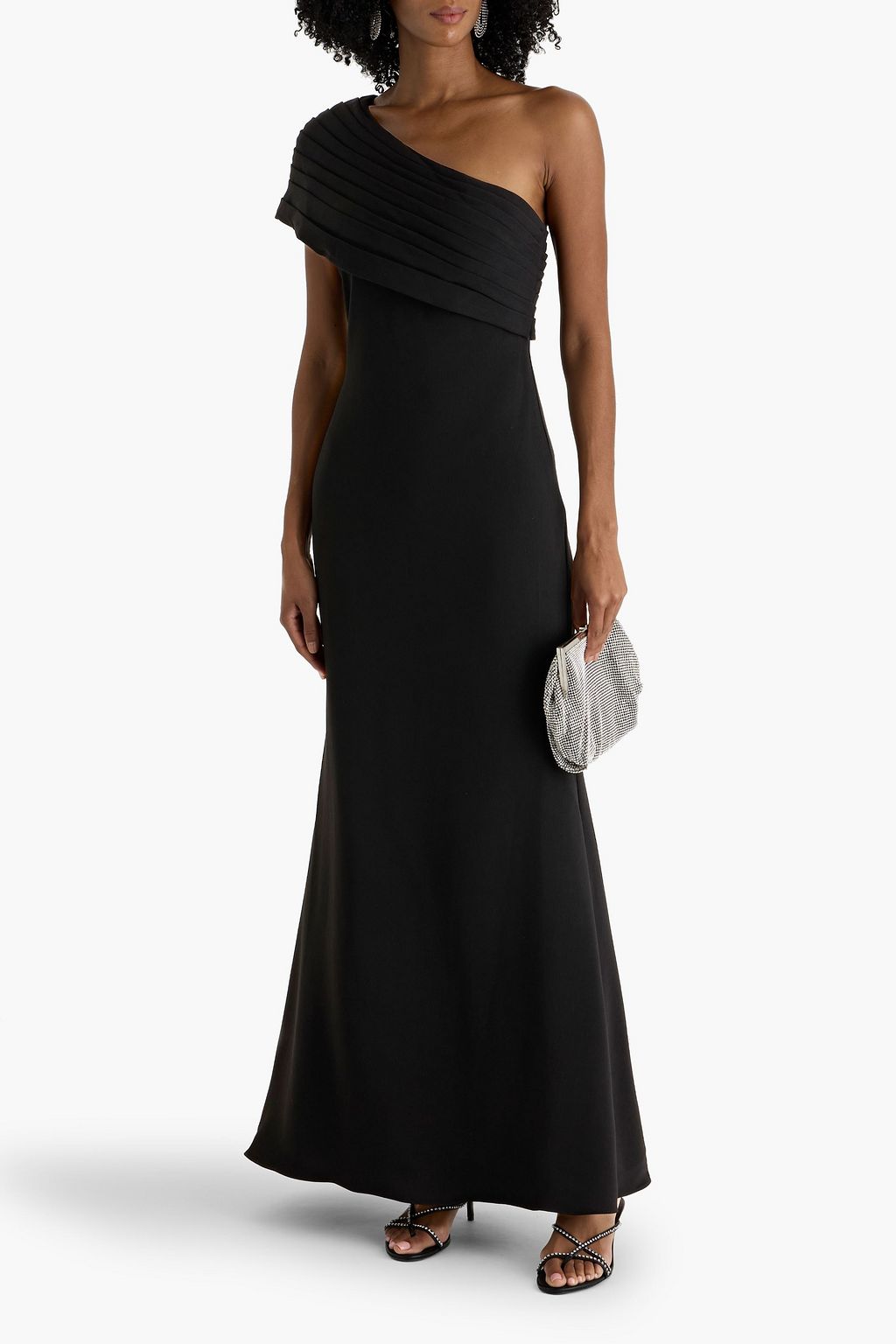 BADGLEY MISCHKA One-shoulder draped crepe gown