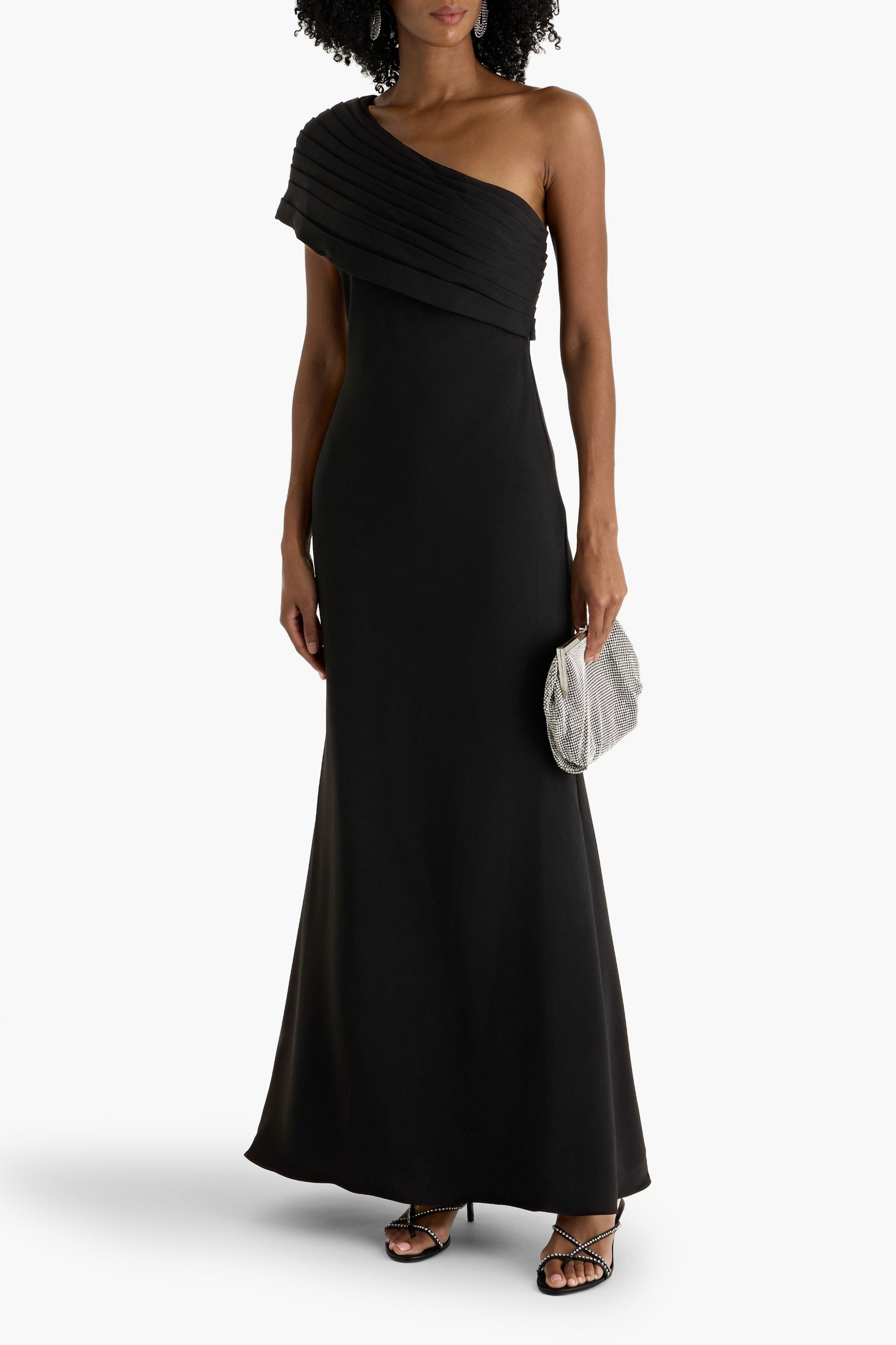 Badgley Mischka One-shoulder draped crepe gown