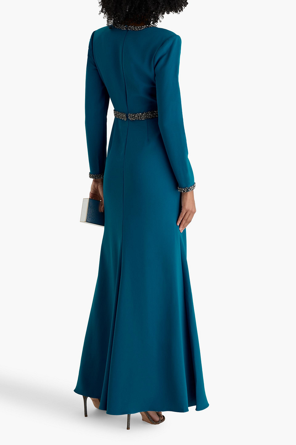 Badgley Mischka Embellished Tulle-trimmed Crepe Gown In Blue