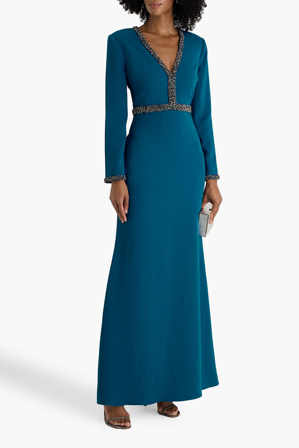 Badgley Mischka Embellished Tulle-trimmed Crepe Gown In Blue