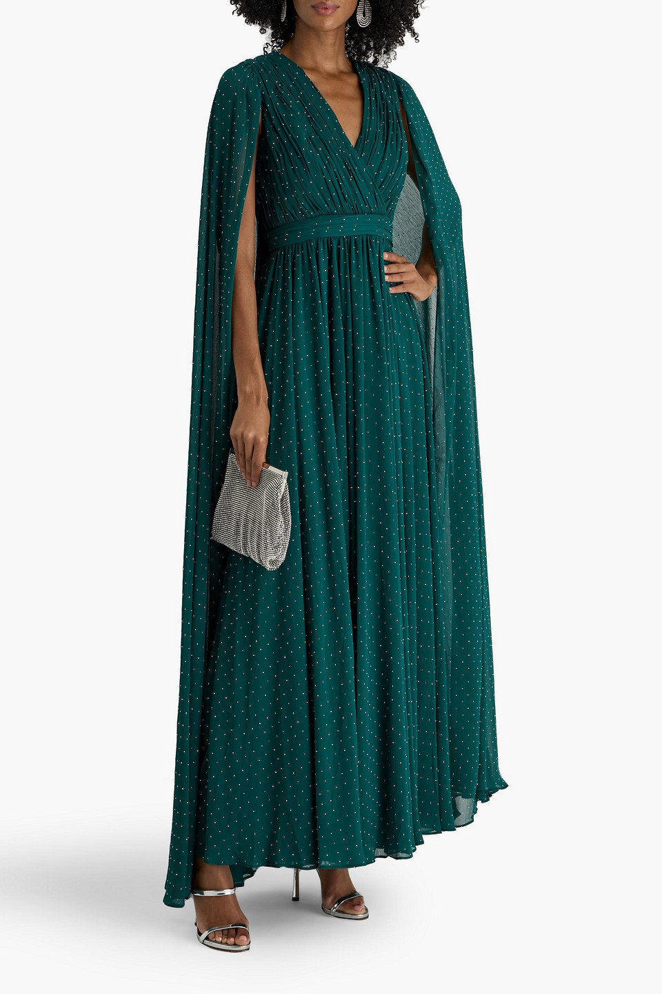 Badgley Mischka Cape-effect Embellished Georgette Gown In Green