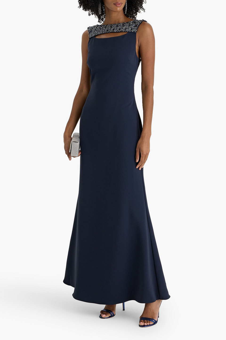 Badgley Mischka Cutout Embellished Crepe Gown In Blue