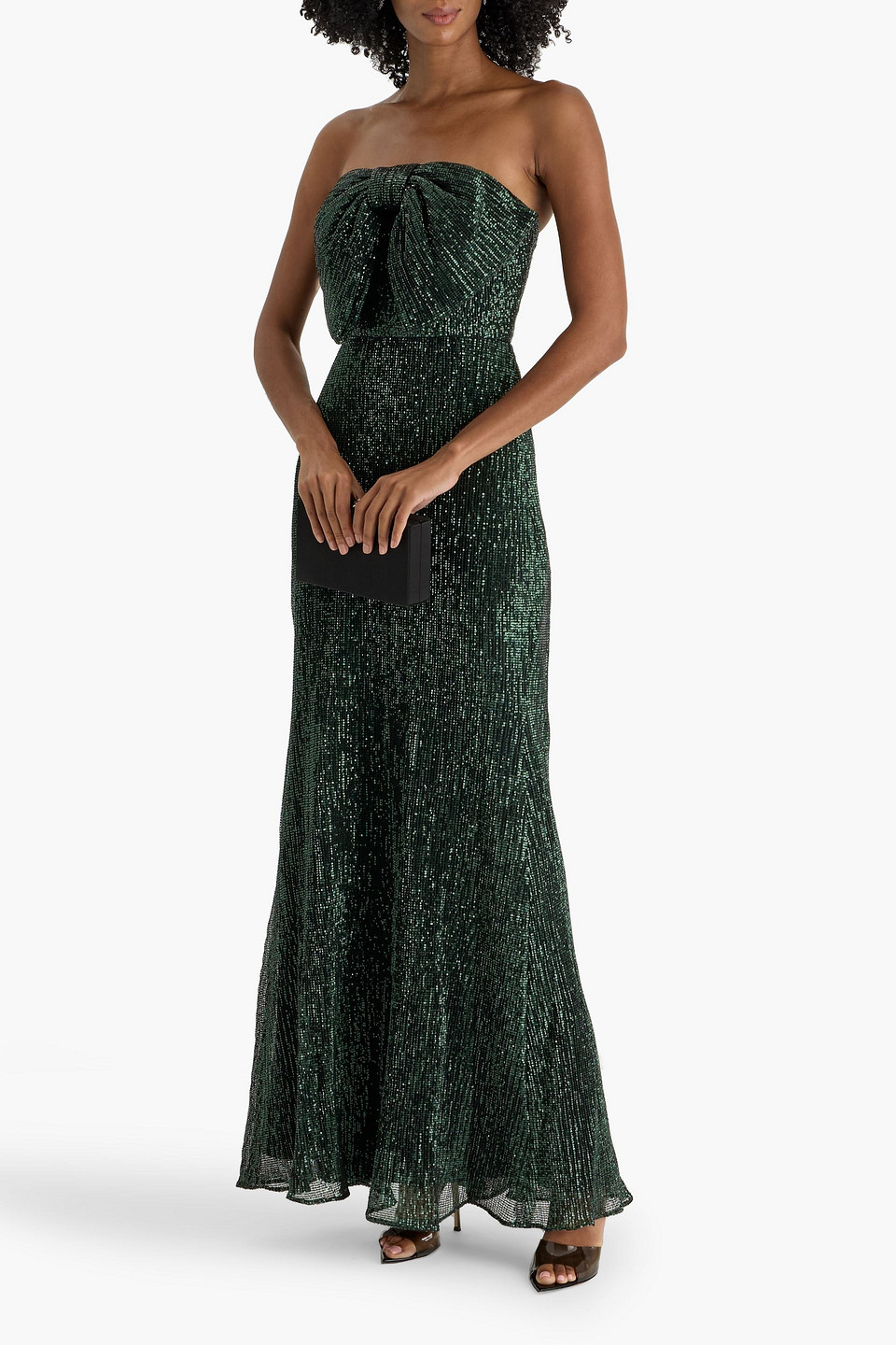 Badgley Mischka Strapless Bow-front Sequin Gown In Green