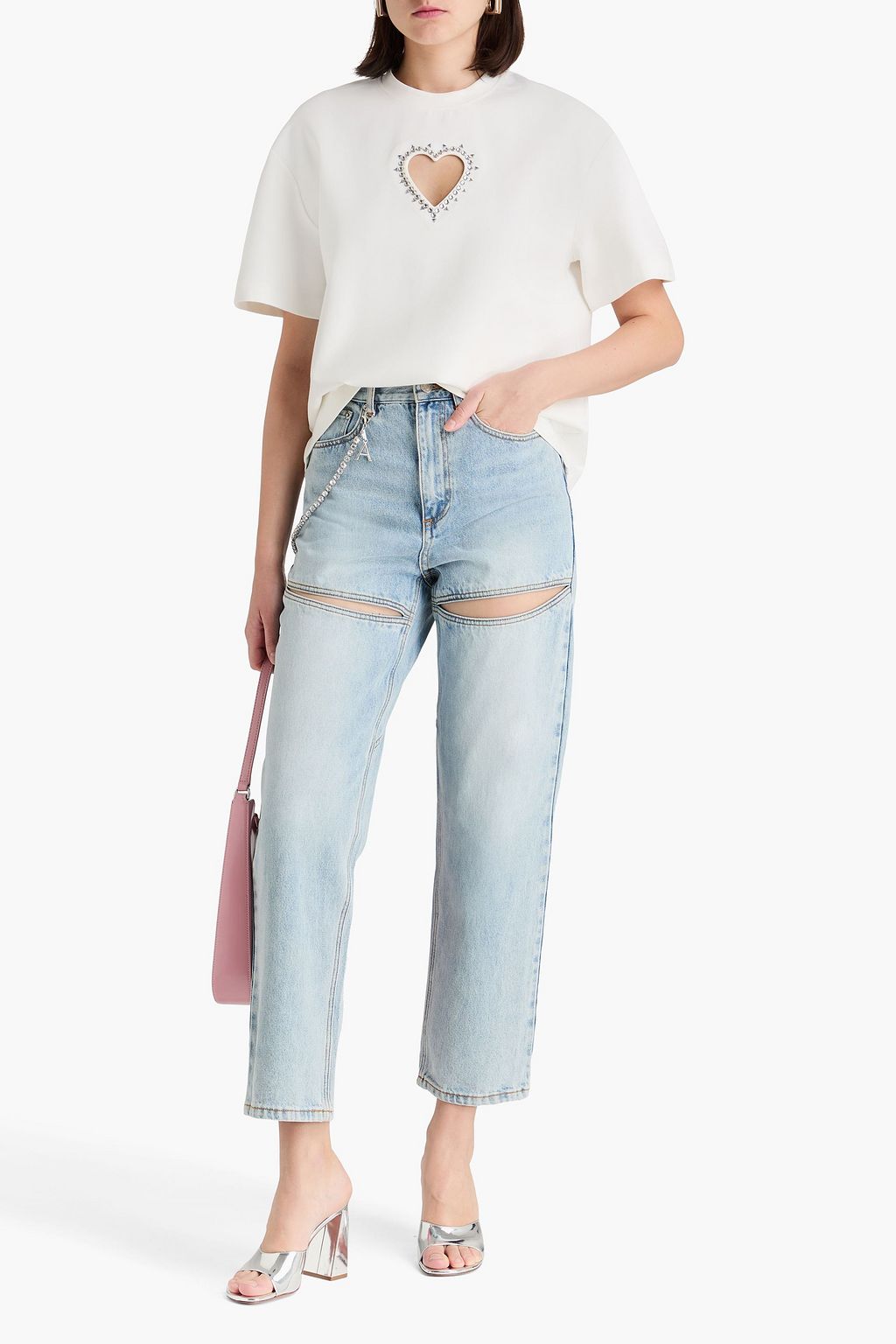 AREA Cutout crystal-embellished jersey t-shirt