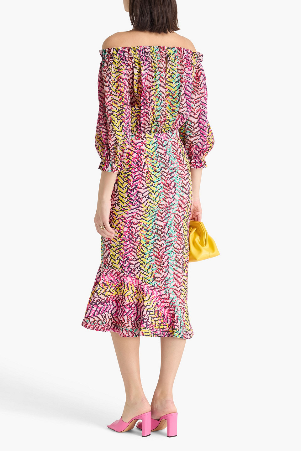  Saloni - Schulterfreies Midikleid „grace“ Aus Crêpe De Chine Aus Seide Mit Floralem Print - Pink - Uk 8 