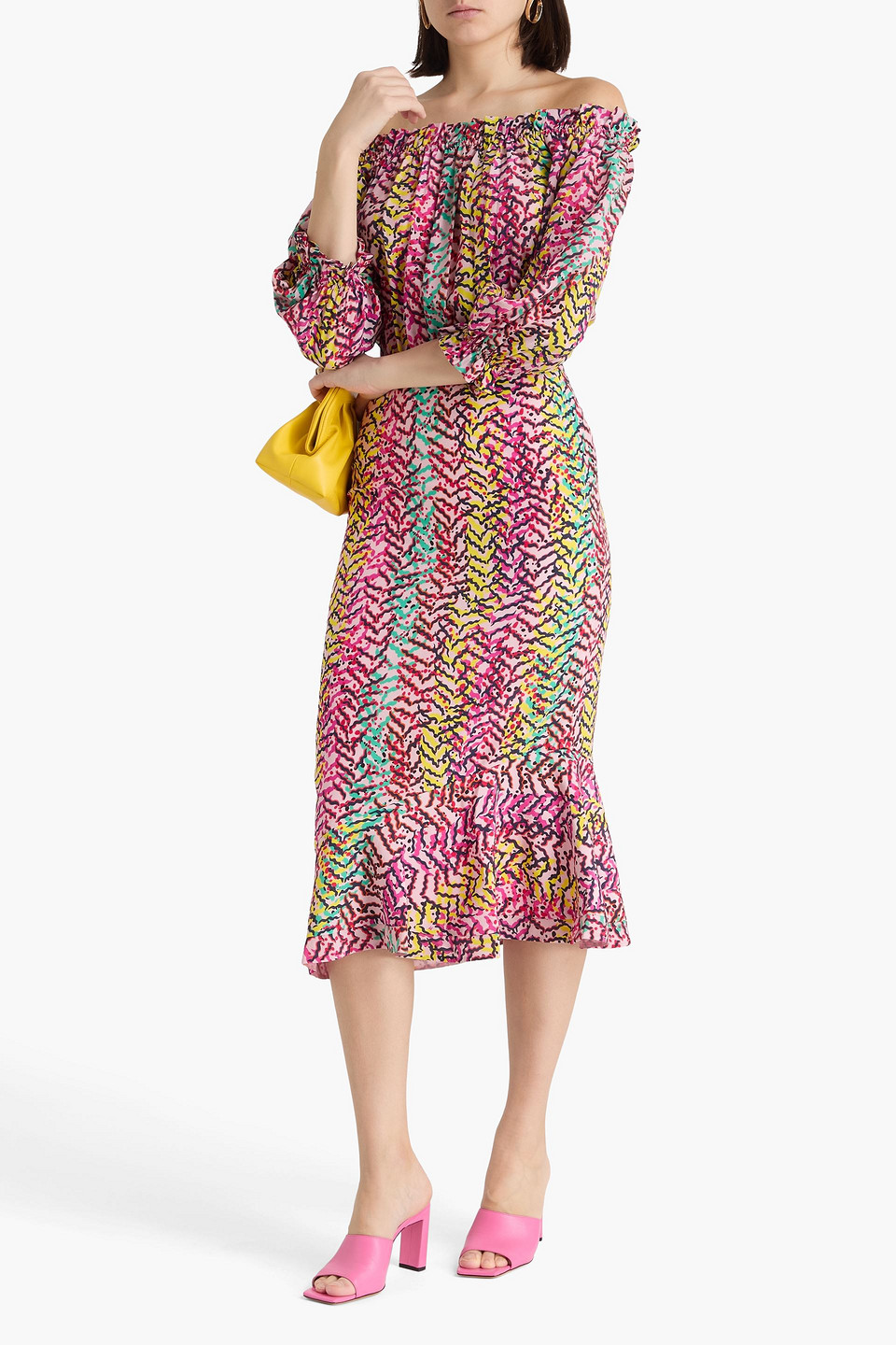  Saloni - Schulterfreies Midikleid „grace“ Aus Crêpe De Chine Aus Seide Mit Floralem Print - Pink - Uk 8 
