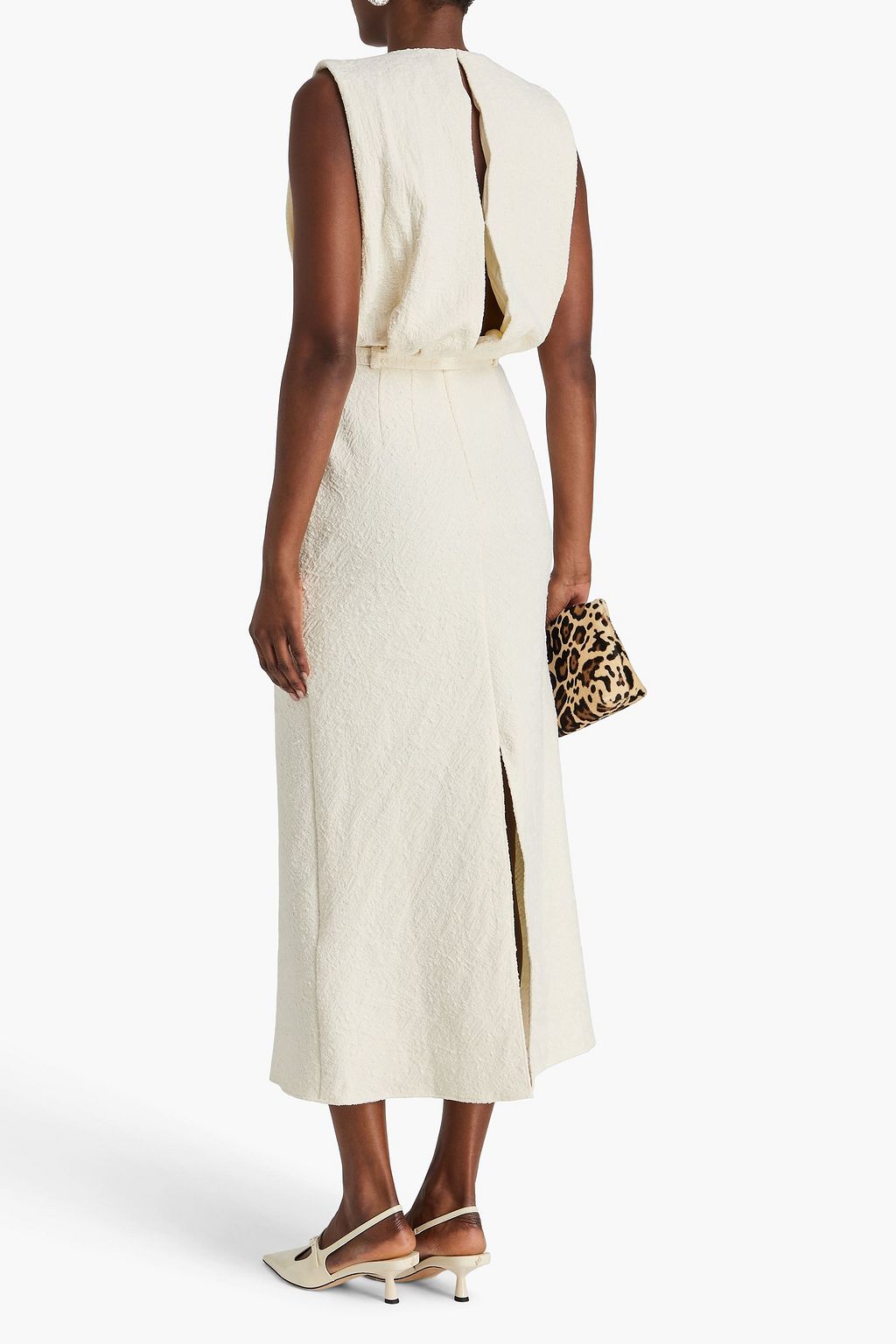 SALONI Victoria belted cotton-blend bouclé-tweed midi dress