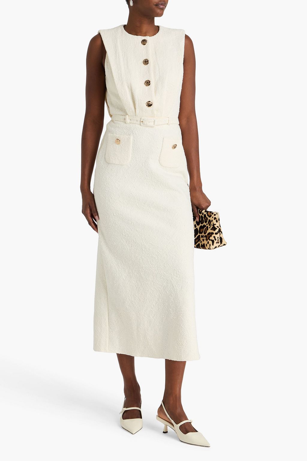 SALONI Victoria belted cotton-blend bouclé-tweed midi dress