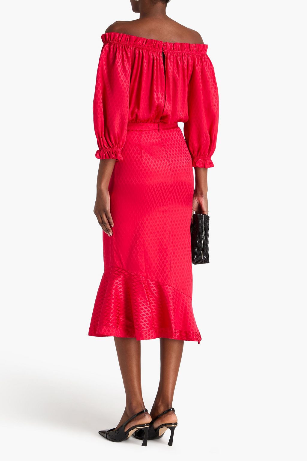 SALONI シルクサテンジャカード ミディワンピース オフショルダー