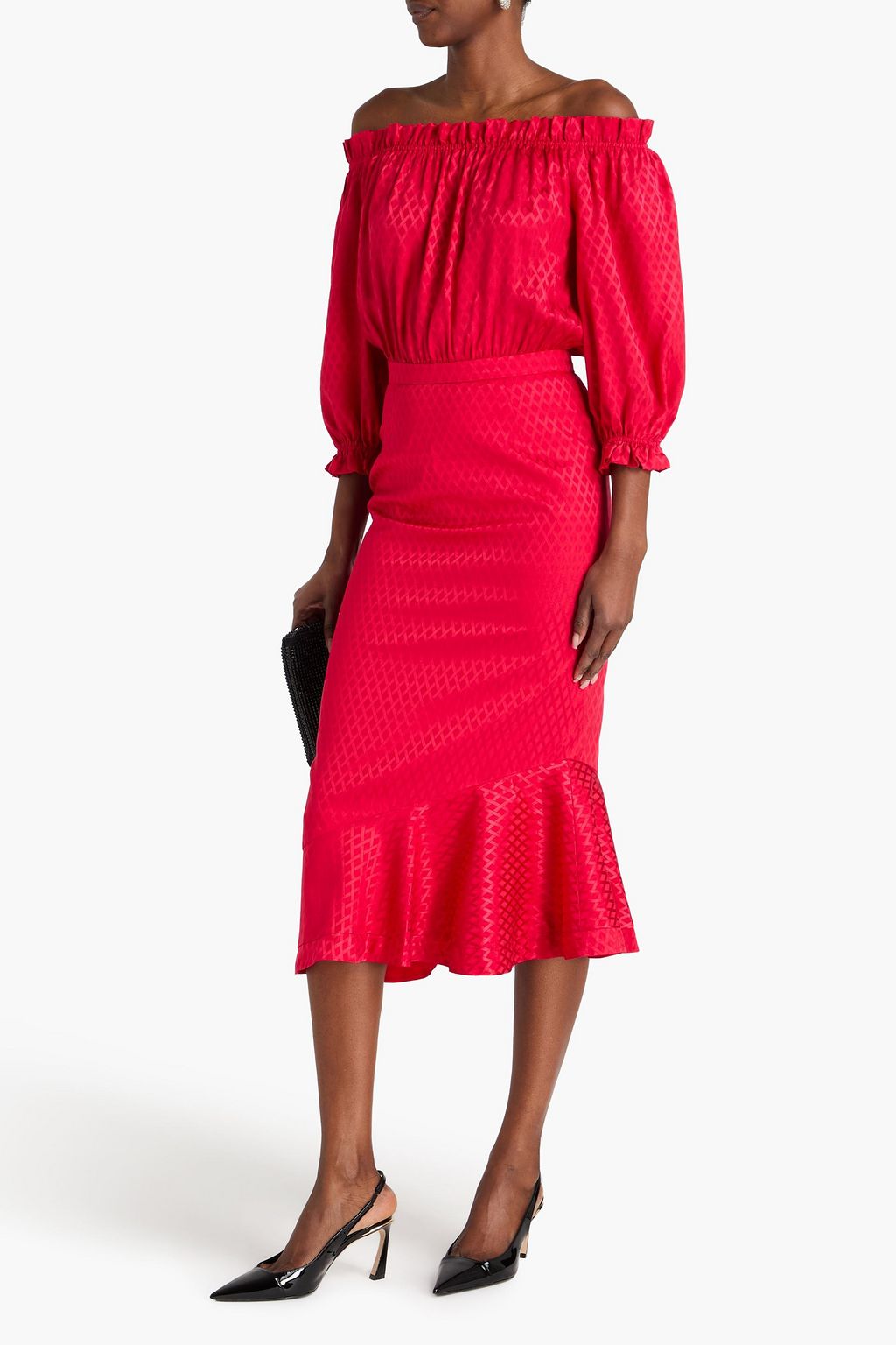 SALONI シルクサテンジャカード ミディワンピース オフショルダー