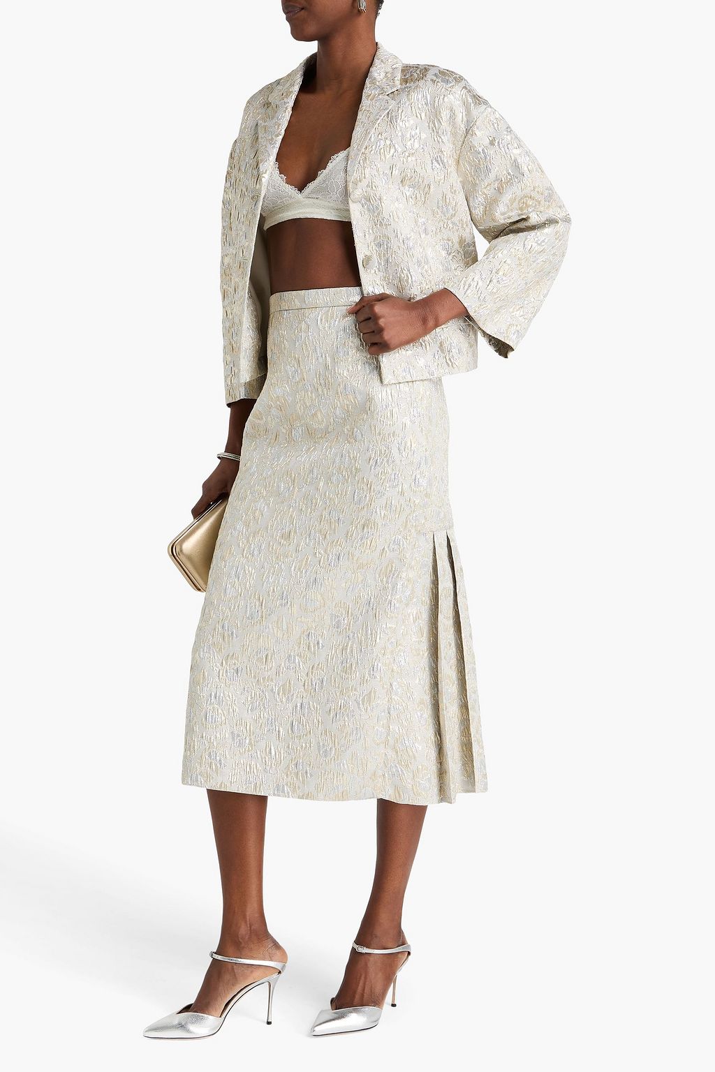 ERDEM Pleated metallic cloqué midi skirt