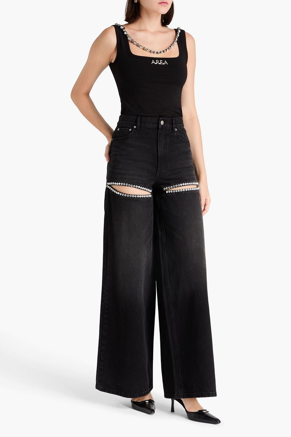 AREA Cutout crystal-embellished high-rise wide-leg jeans