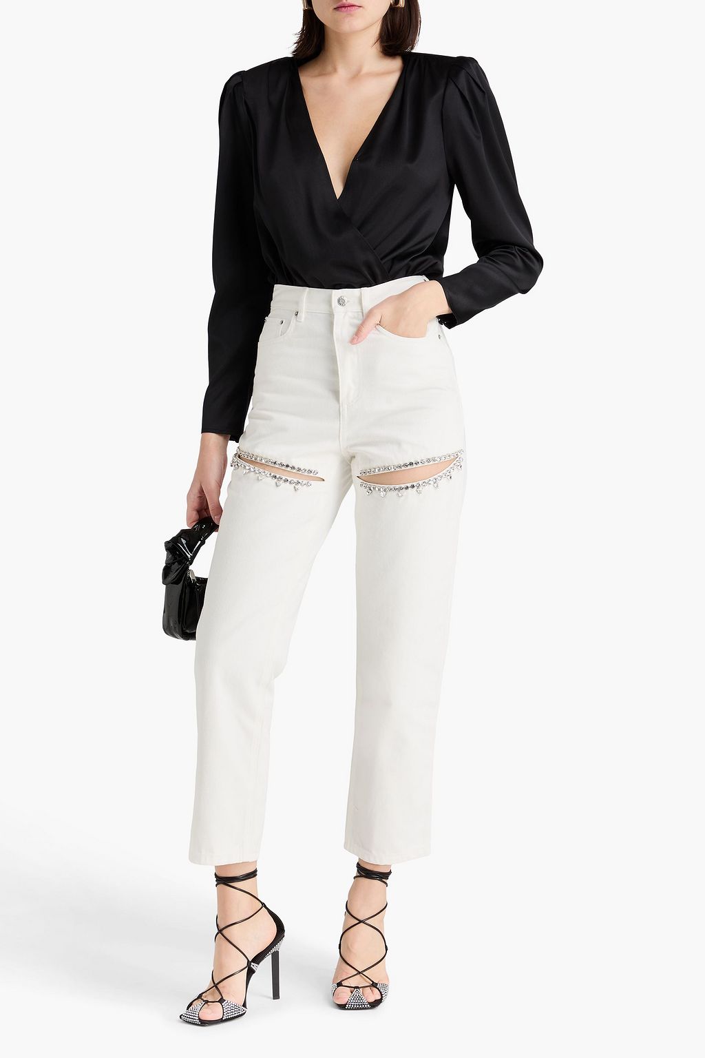 AREA Cutout crystal-embellished high-rise straight-leg jeans