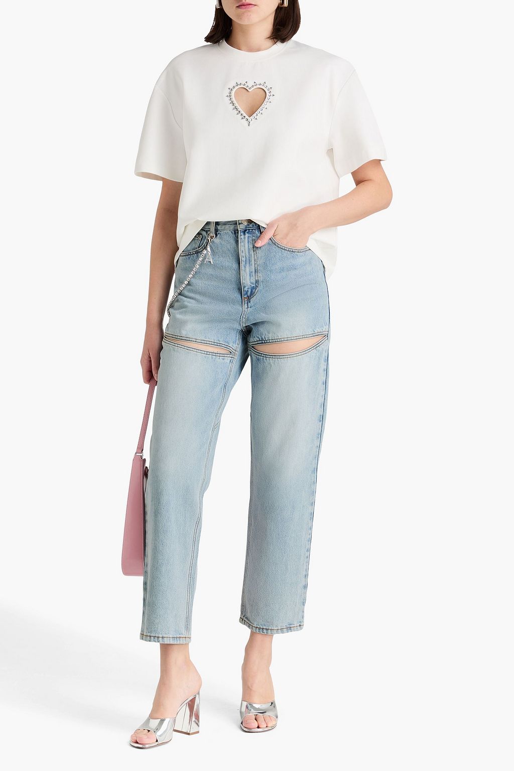 AREA Cutout crystal-embellished high-rise straight-leg jeans