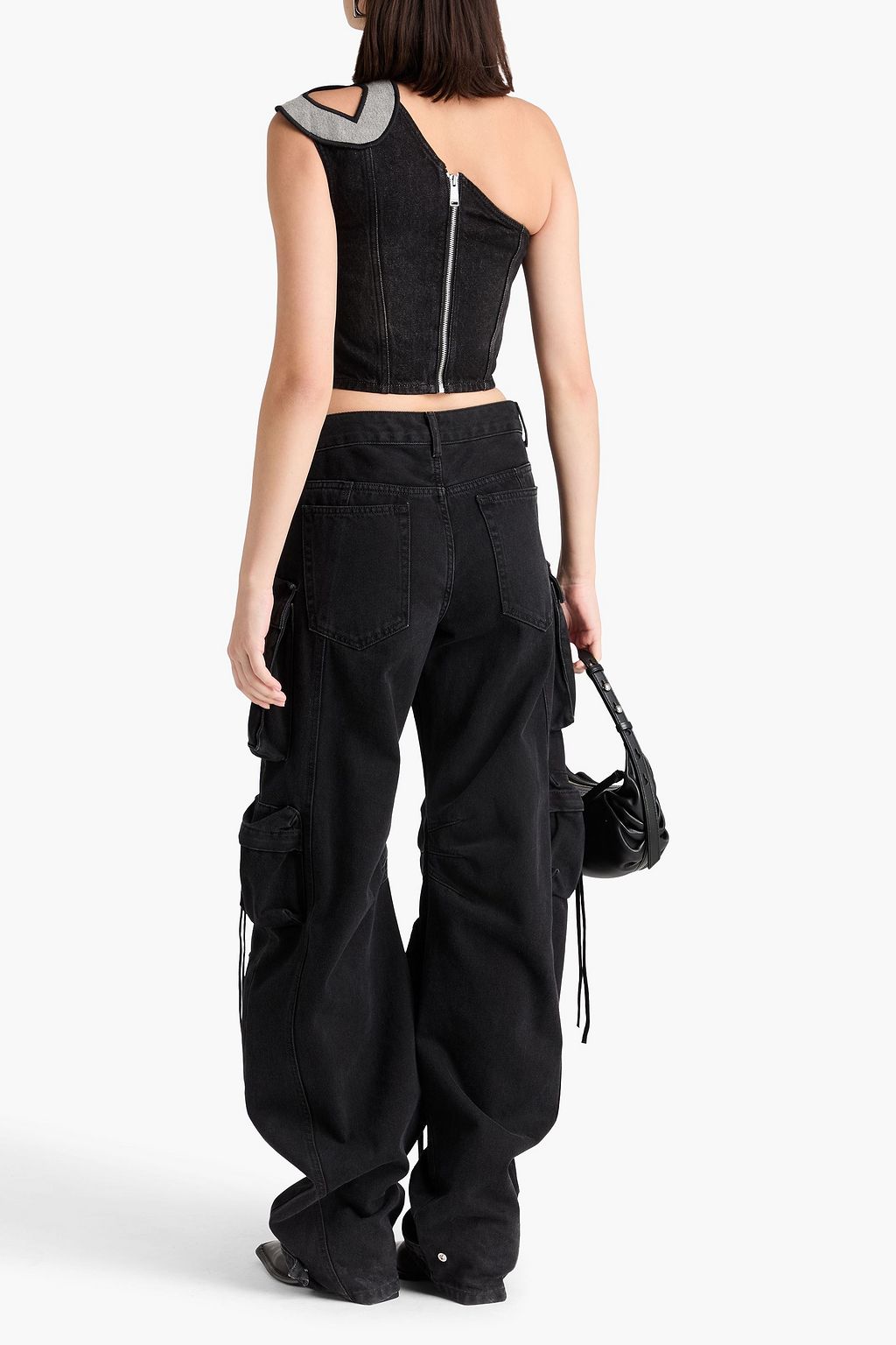 AREA One-shoulder cropped denim top