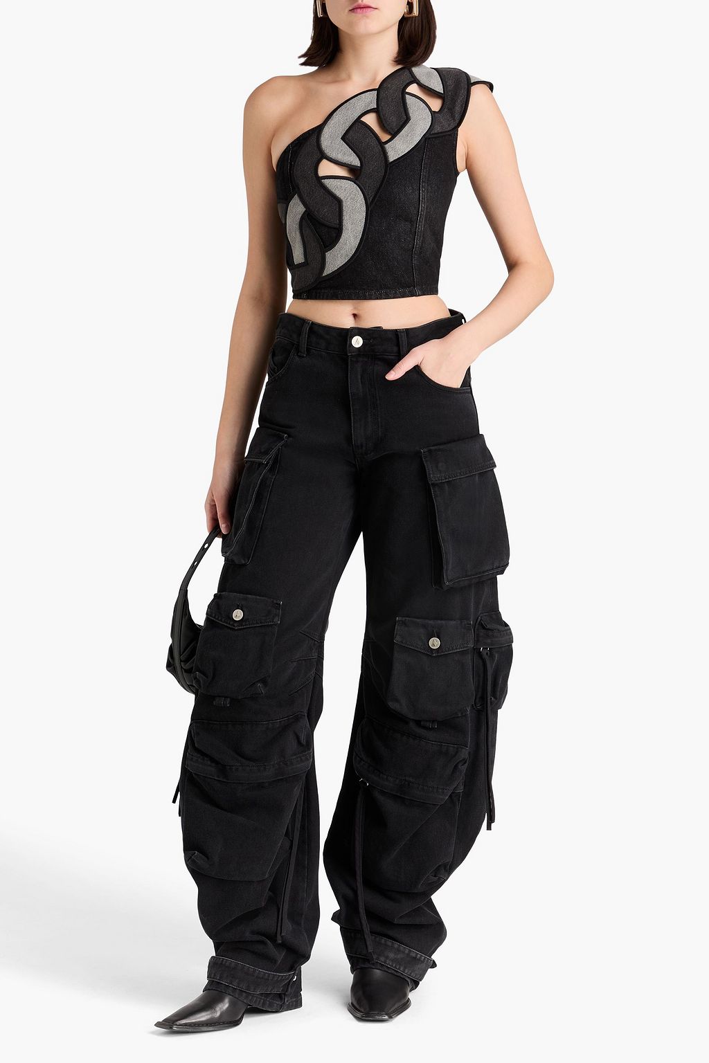 AREA One-shoulder cropped denim top