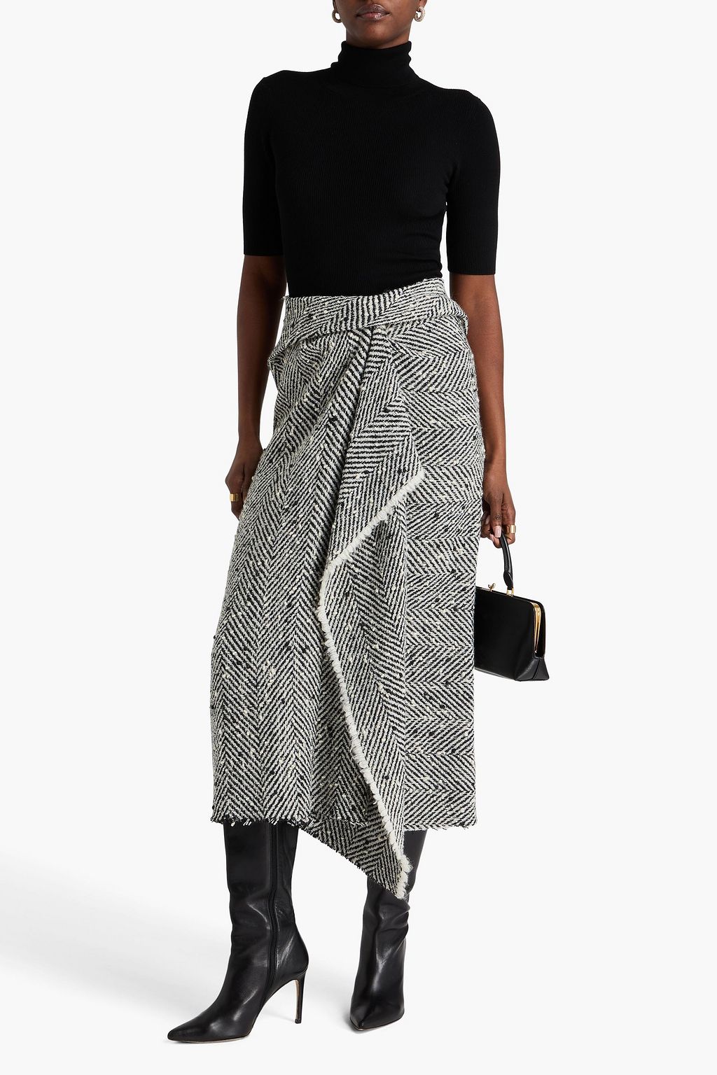 ERDEM Draped herringbone bouclé-tweed midi skirt