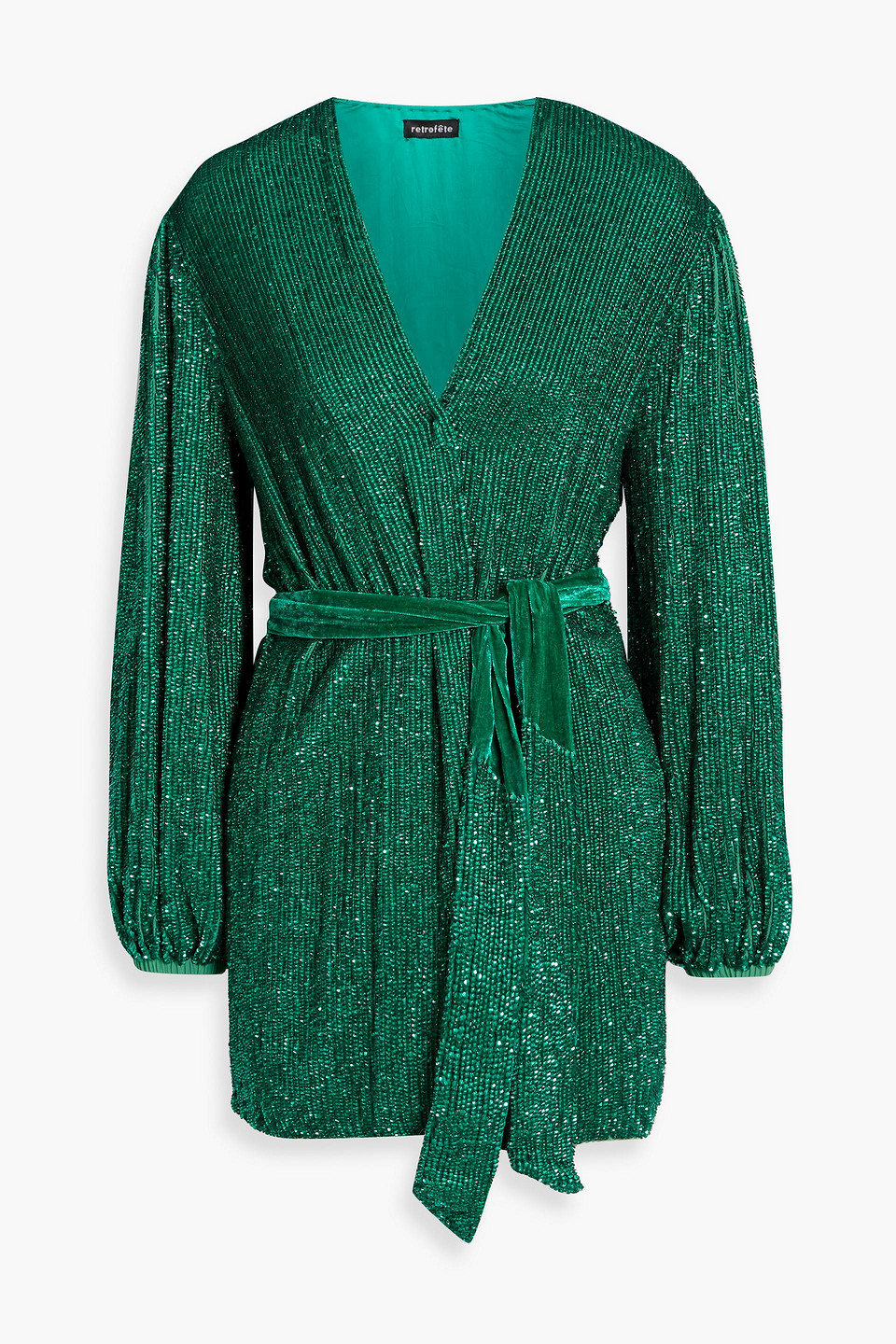 Retroféte Gabrielle Sequined Chiffon Mini Wrap Dress In Green