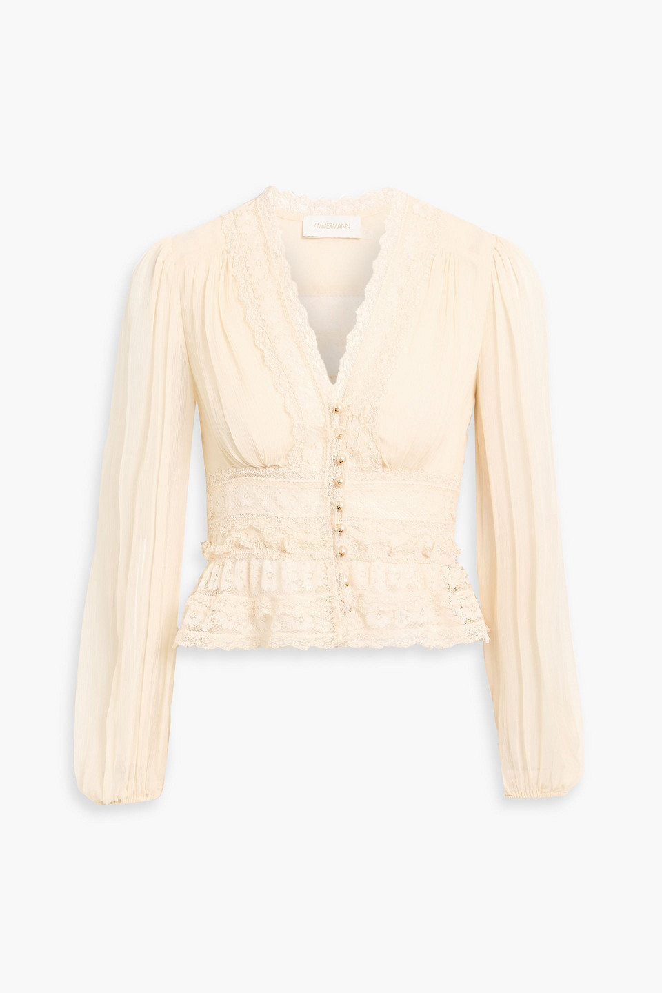 Zimmermann Lace-paneled Silk-crepon Peplum Top In Neutral