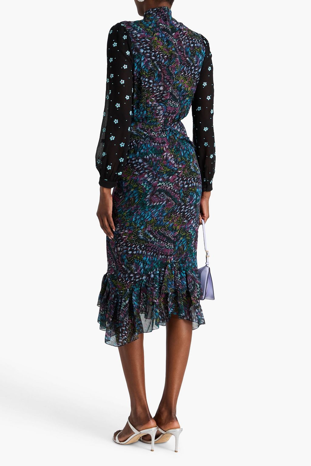 SALONI シルクジョーゼット ミディワンピース ラッフル付き フローラルプリント