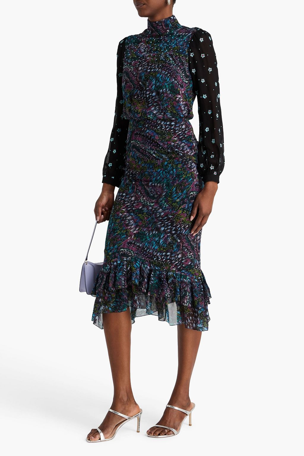 SALONI シルクジョーゼット ミディワンピース ラッフル付き フローラルプリント