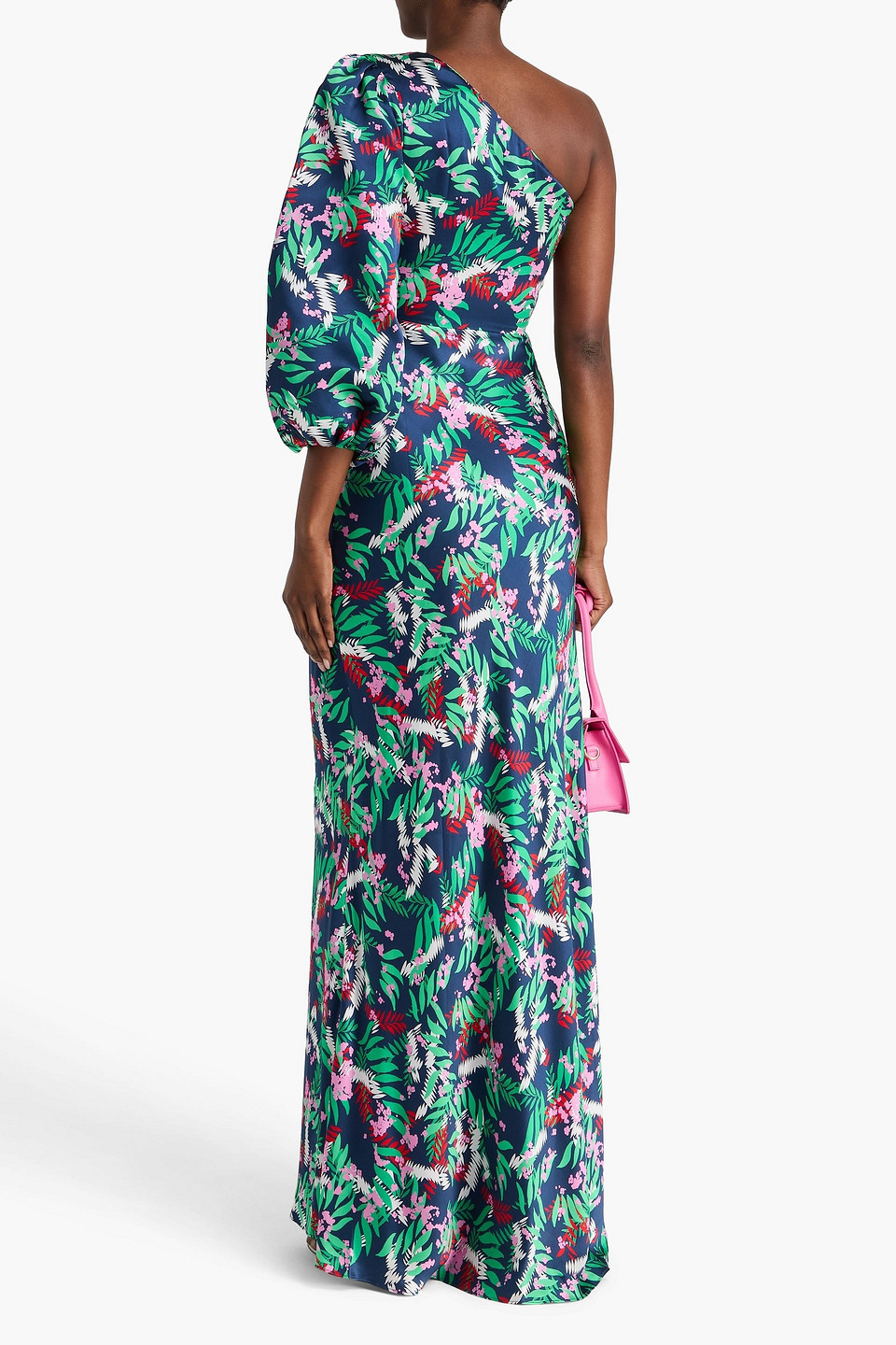 Saloni - Robe „lily“ Aus Seidensatin Mit Floralem Print Und Asymmetrischer Schulterpartie - Blau - Uk 6 