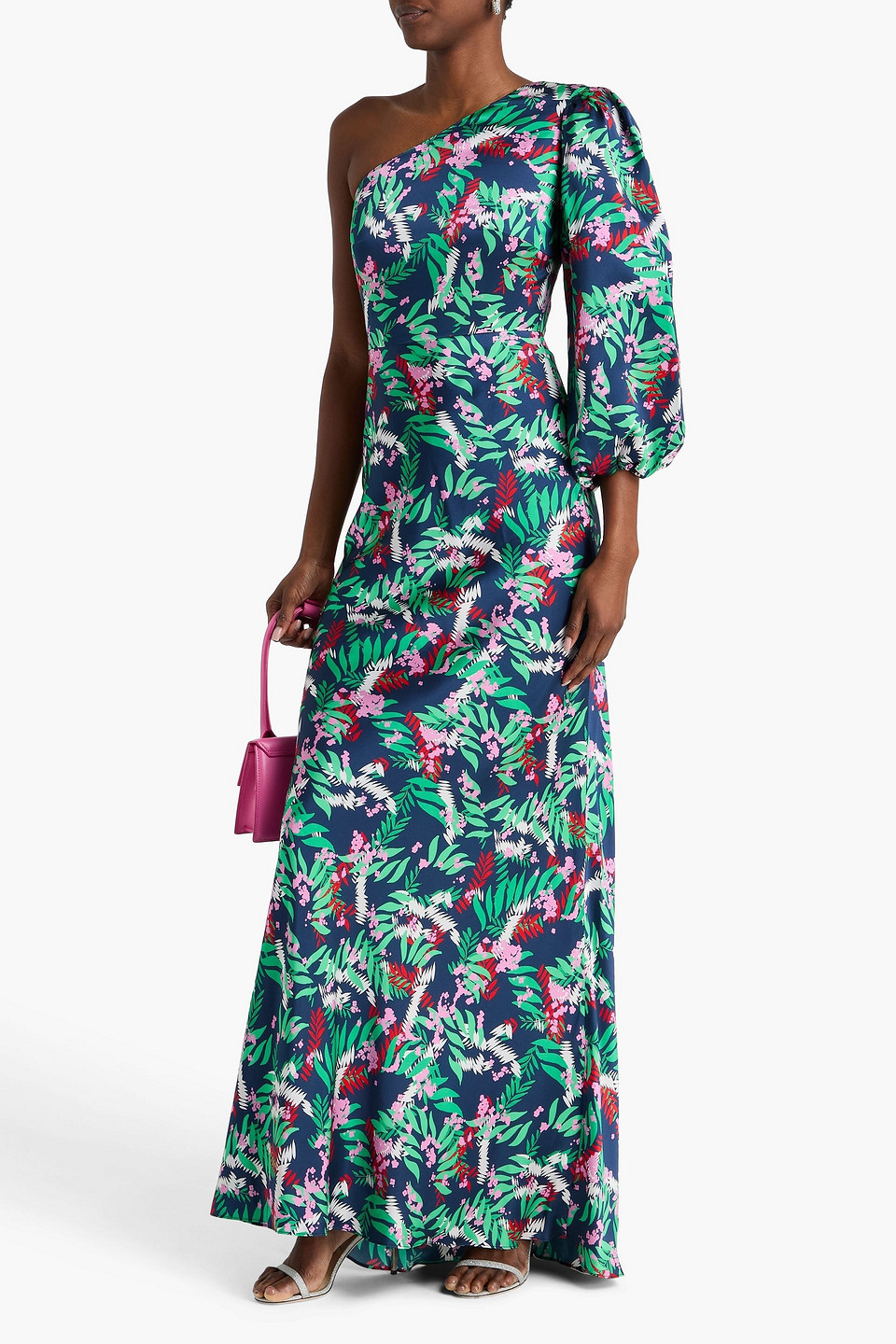 Saloni - Robe „lily“ Aus Seidensatin Mit Floralem Print Und Asymmetrischer Schulterpartie - Blau - Uk 6 