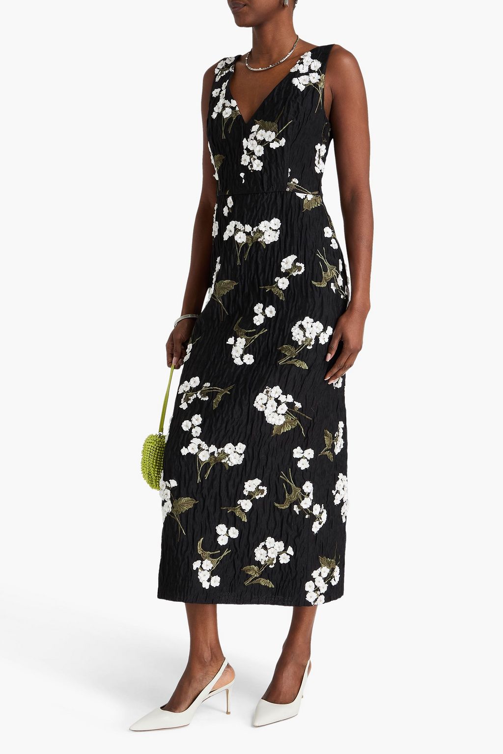 ERDEM Floral-appliquéd wool-blend cloqué midi dress