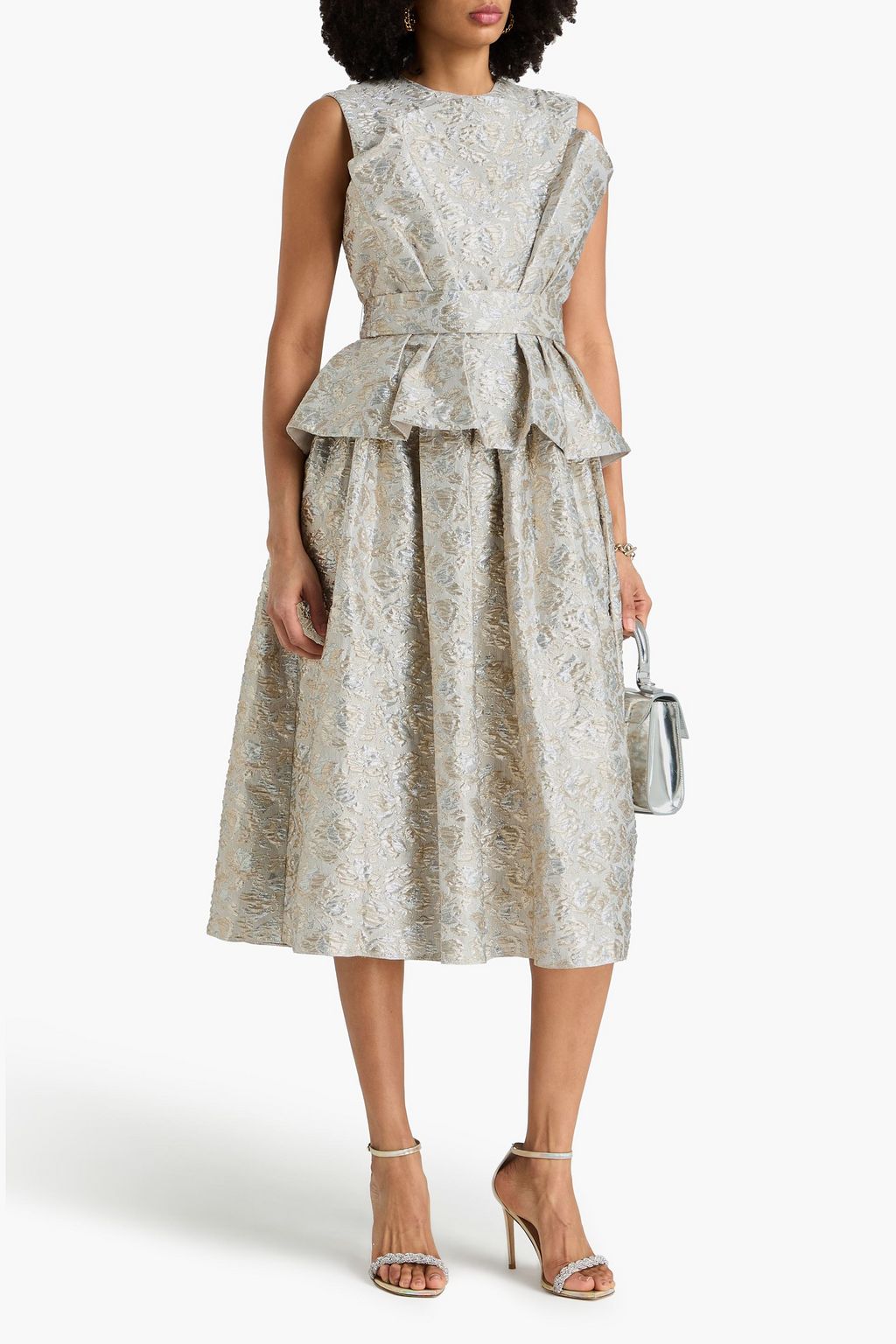 ERDEM Belted ruffled metallic brocade midi dress