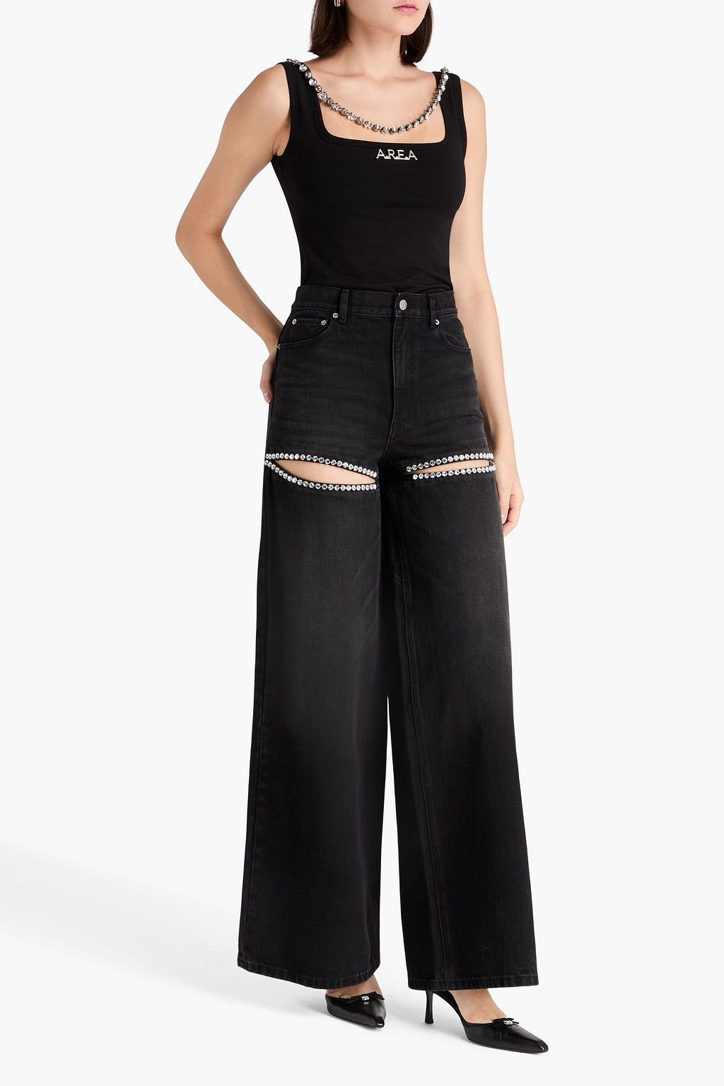 AREA Embellished cotton-blend jersey top