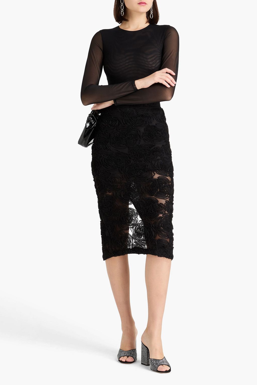ROTATE BIRGER CHRISTENSEN メッシュ ミディペンシルスカート フローラルアップリケ付き