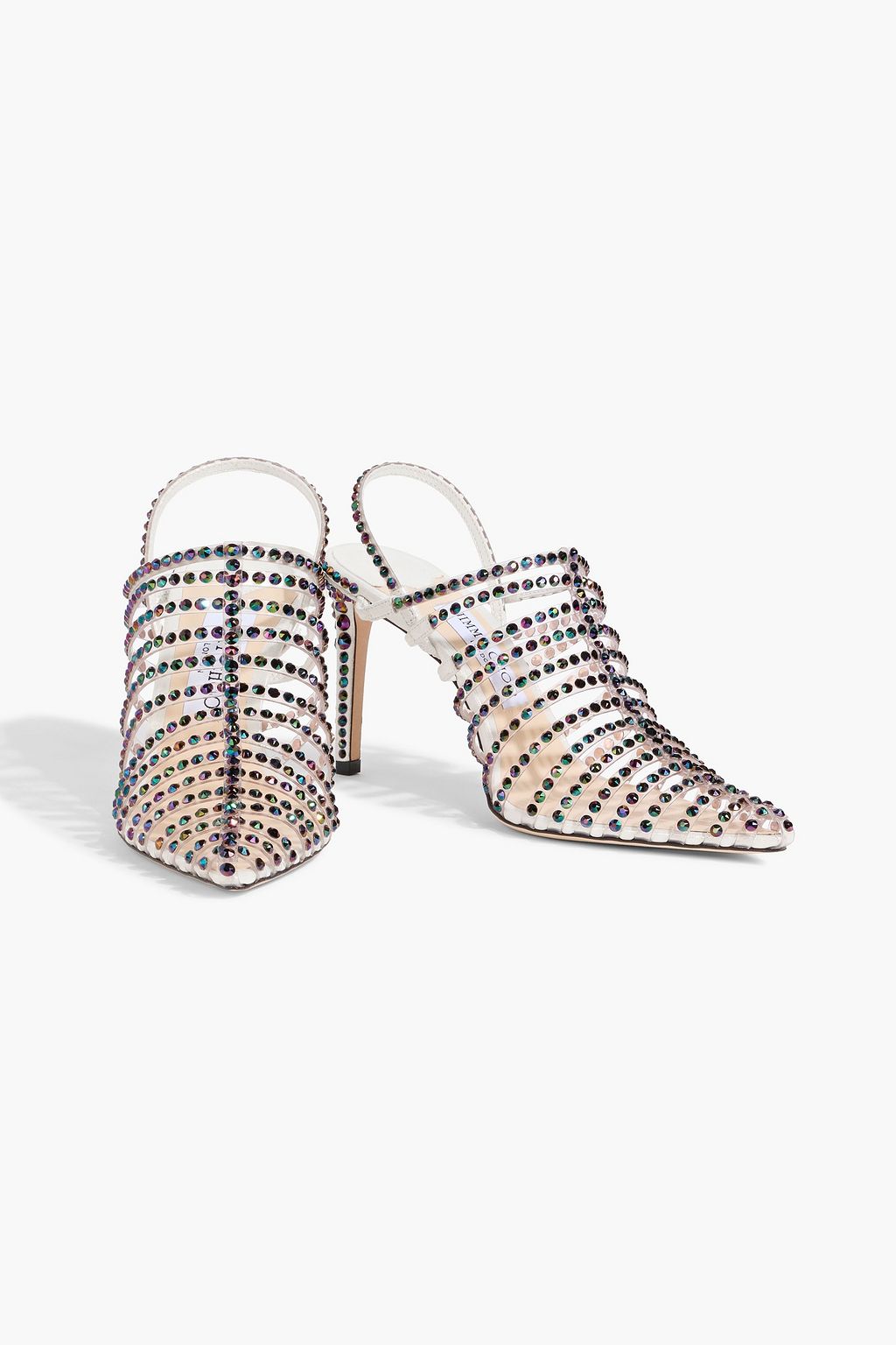 JIMMY CHOO Thu 85 crystal-embellished lamé and PVC slingback sandals