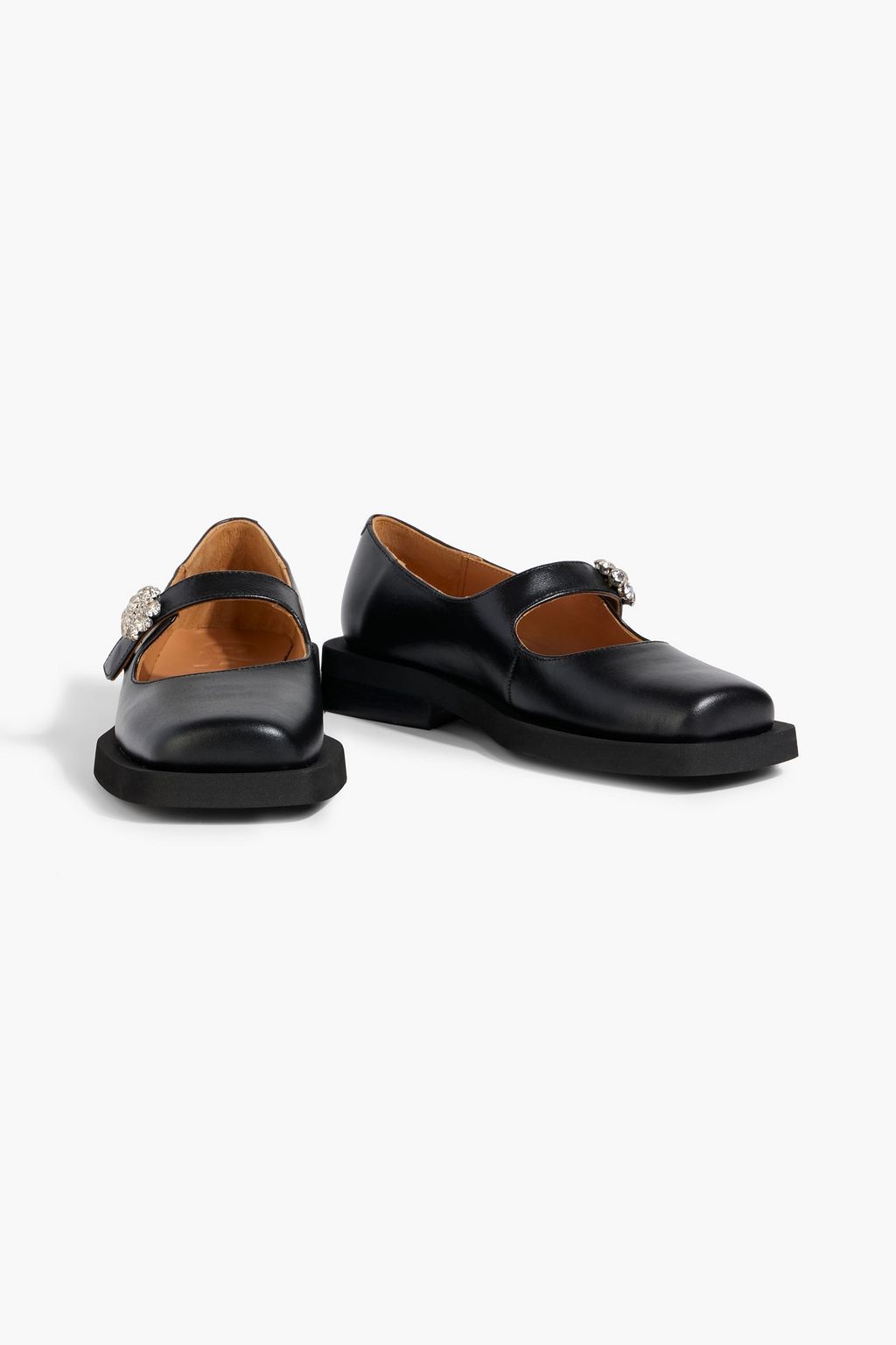 GANNI Crystal-embellished leather Mary Jane flats
