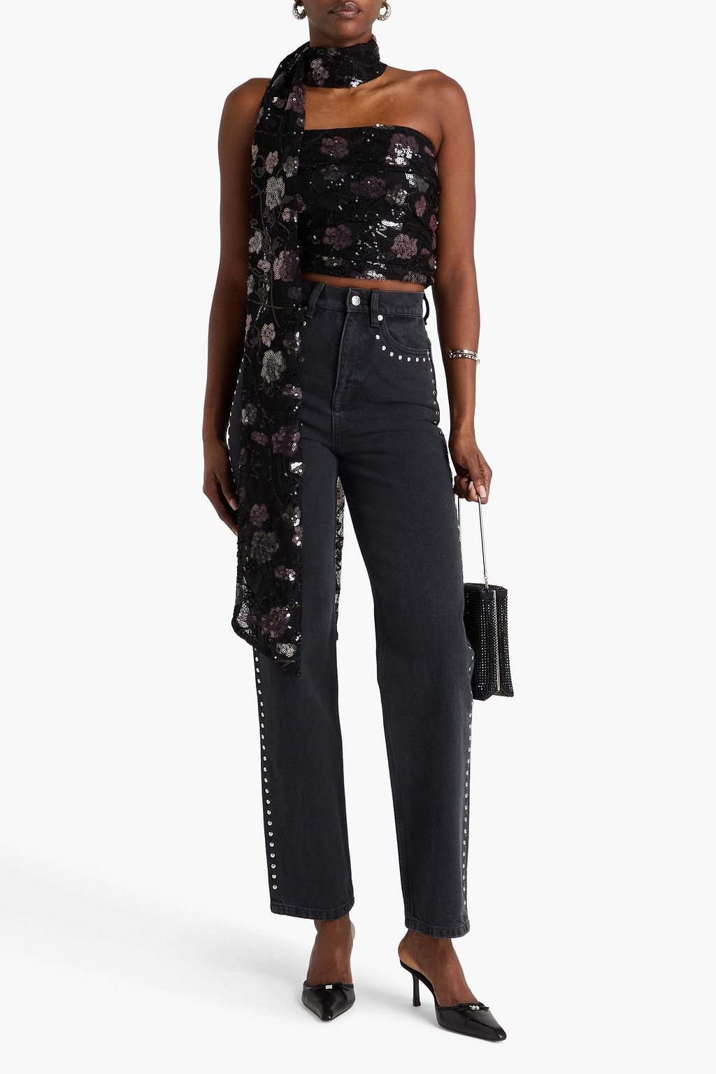 ROTATE BIRGER CHRISTENSEN Strapless cropped sequin-embellished lace top