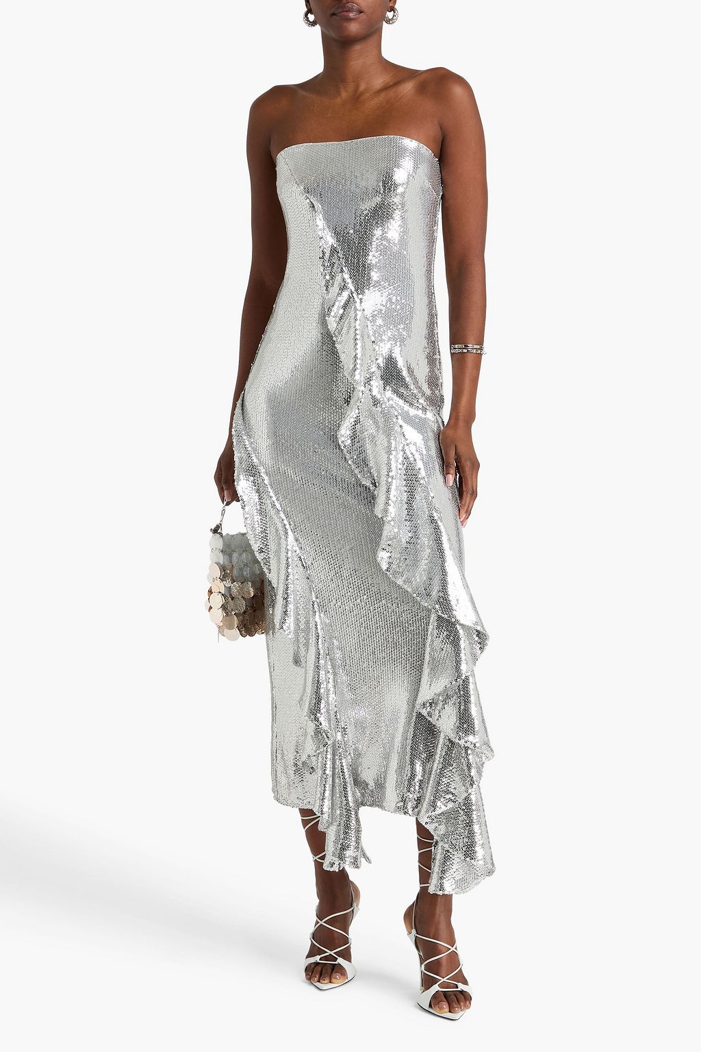 ROTATE BIRGER CHRISTENSEN Trägerloses Maxikleid aus Mesh mit Pailletten und Rüschen