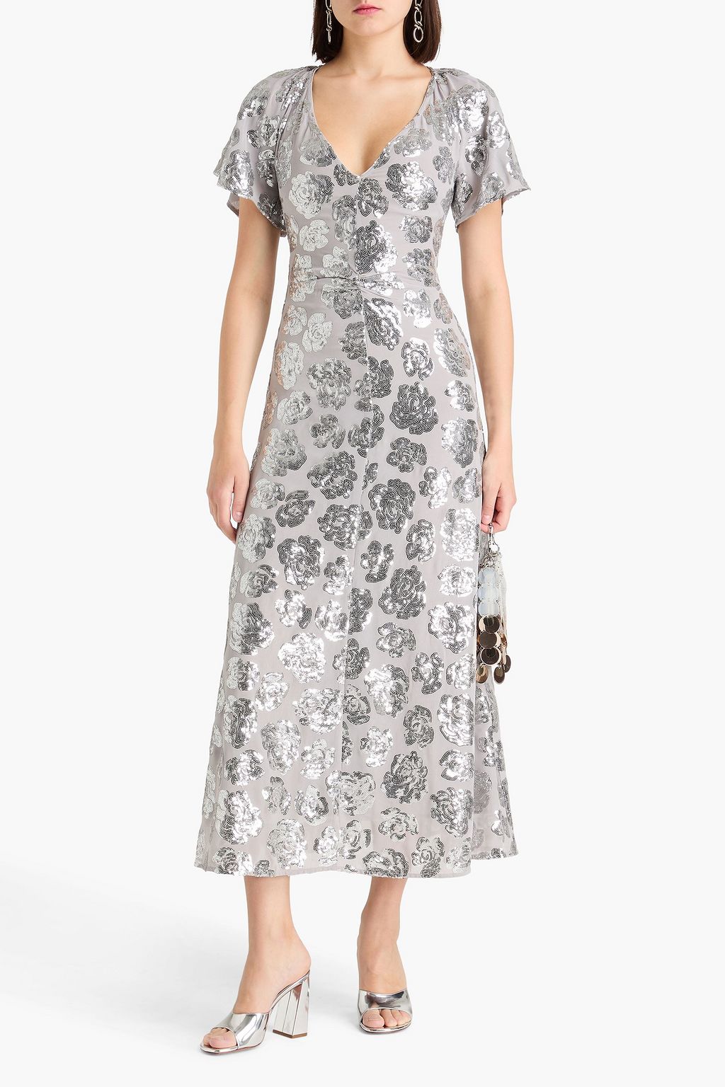 ROTATE BIRGER CHRISTENSEN クレープデシン ミディワンピース ルーシュ入り スパンコール付き
